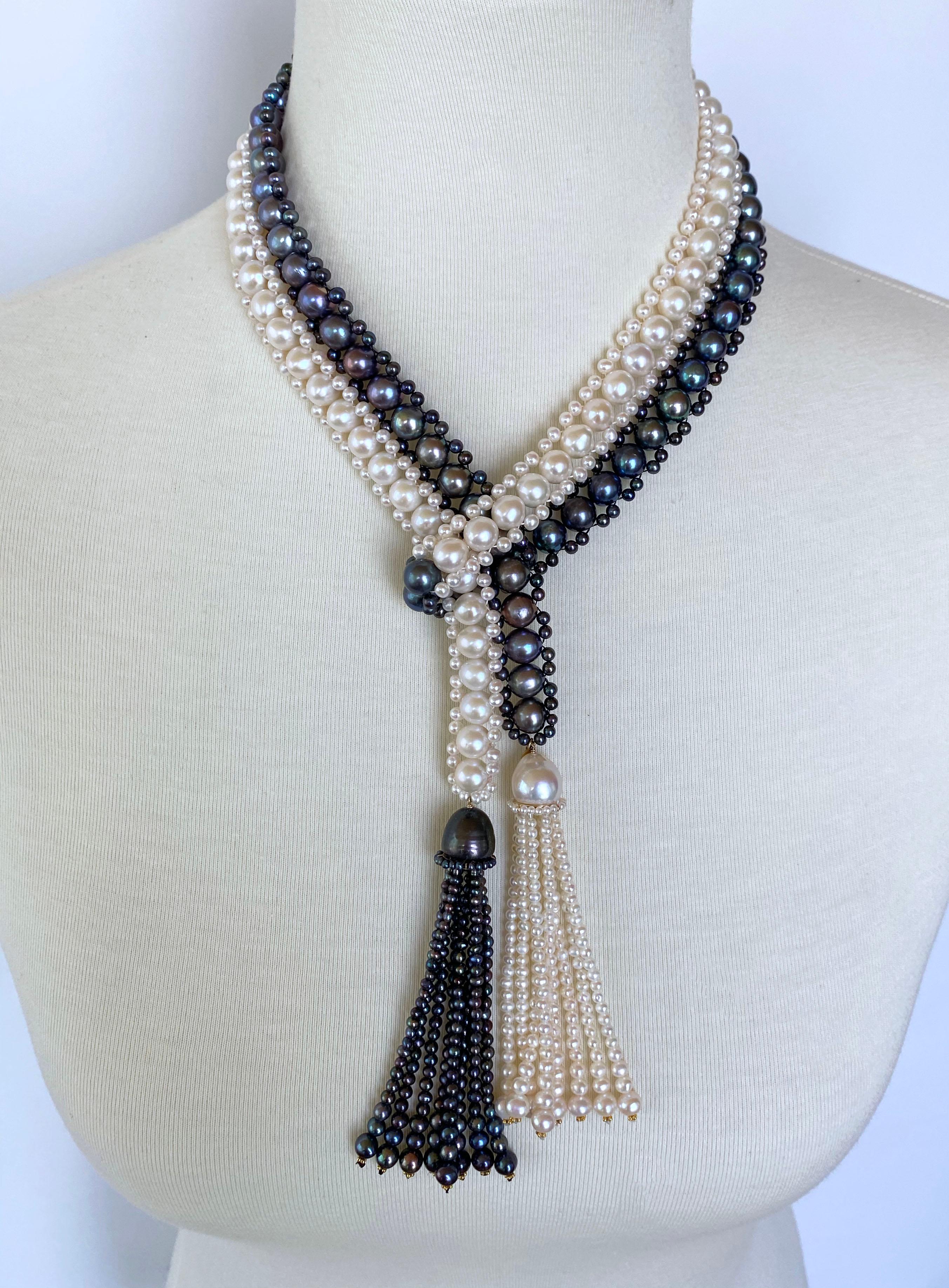 Marina J. Black and White All Pearl Woven Sautoir with pearl tassels & 14K  Gold In New Condition For Sale In Los Angeles, CA