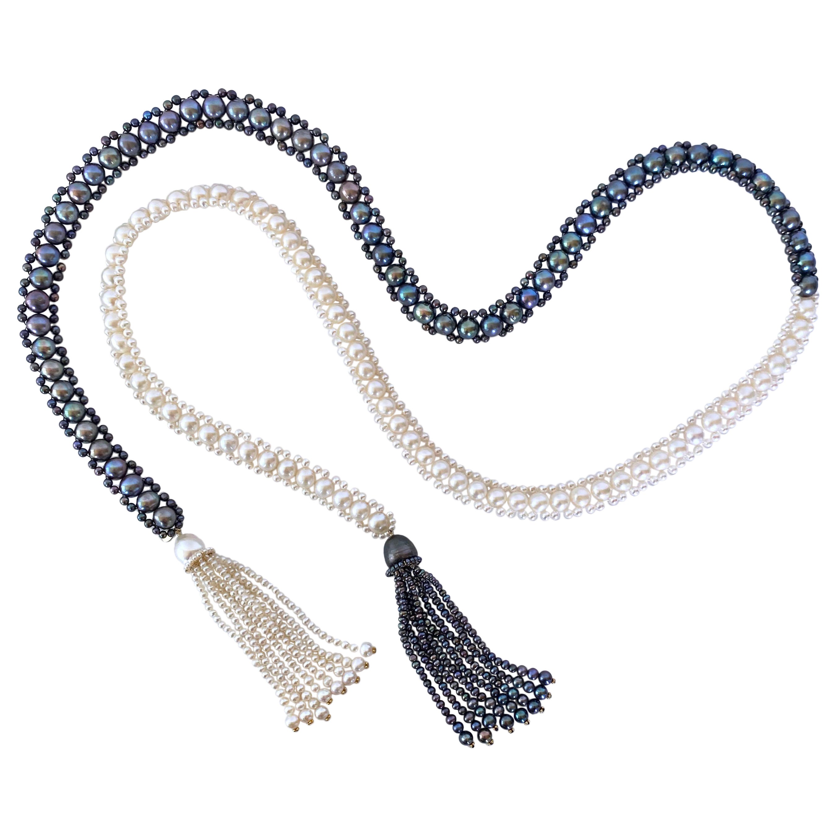 Marina J. Black and White All Pearl Woven Sautoir with pearl tassels & 14K  Gold