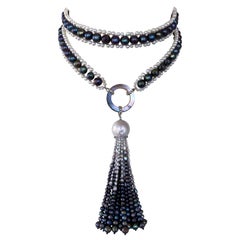 Marina J. Black and White Woven Pearl Sautoir with Abalone Shell & Ombre Tassel