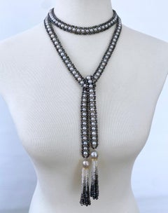 Marina J. Black & Grey Pearl Lariat /Sautoir with Diamonds & Pearl Ombre Tassels