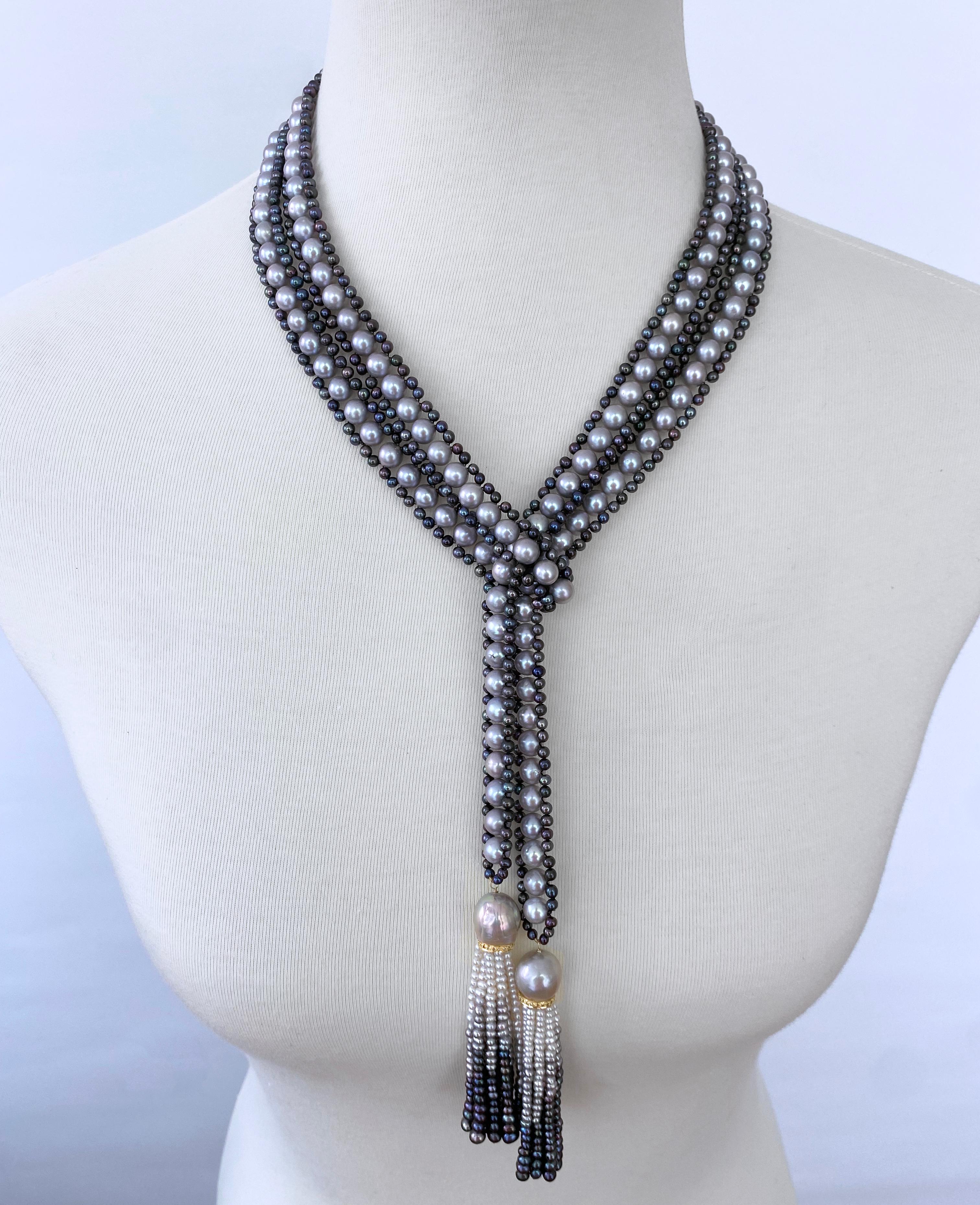 Artigiano Marina J. Lariat di perle nere e grigie /Sautoir con diamanti e nappe di perle Ombre in vendita