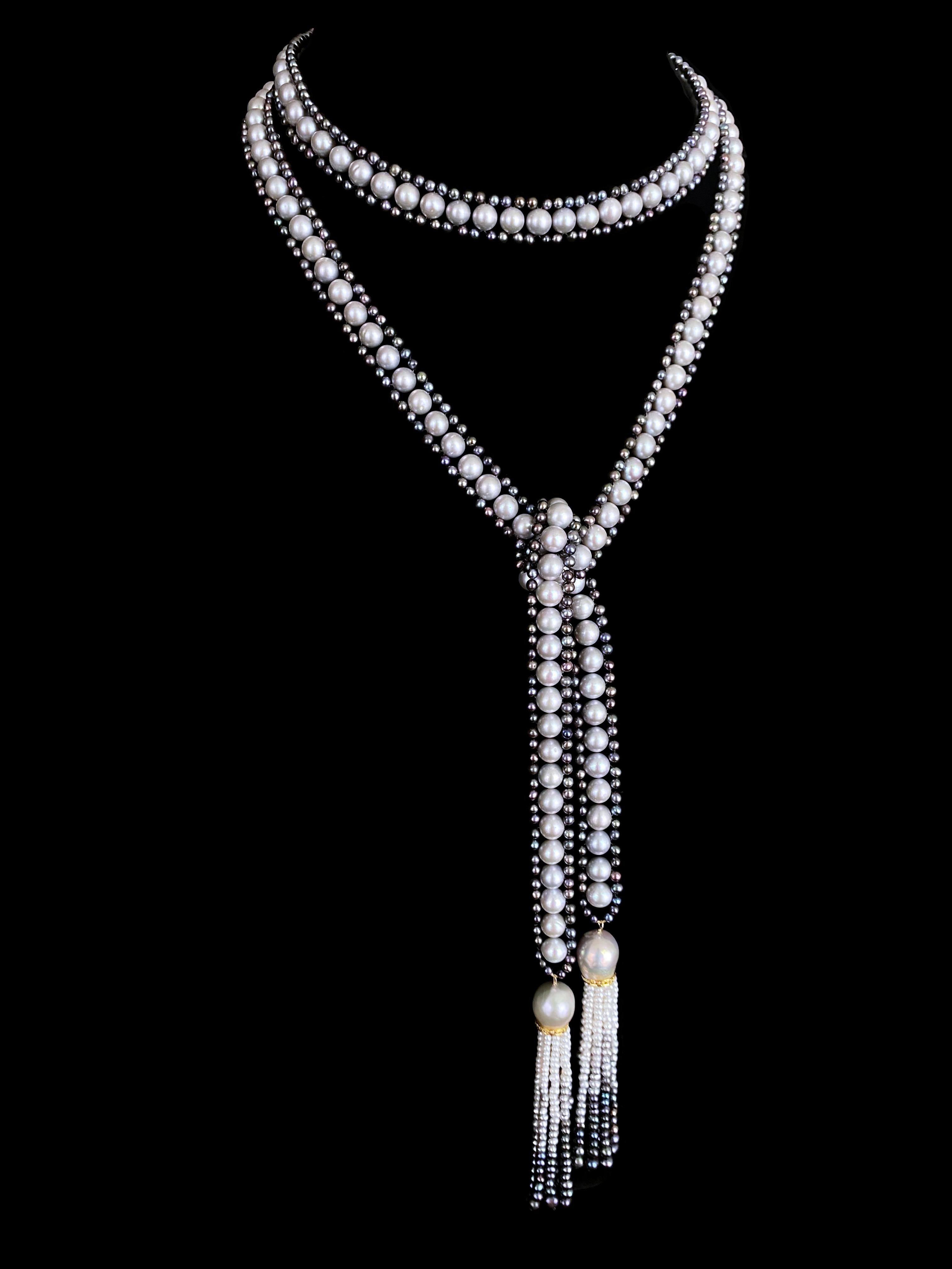Taglio cuscino Marina J. Lariat di perle nere e grigie /Sautoir con diamanti e nappe di perle Ombre in vendita