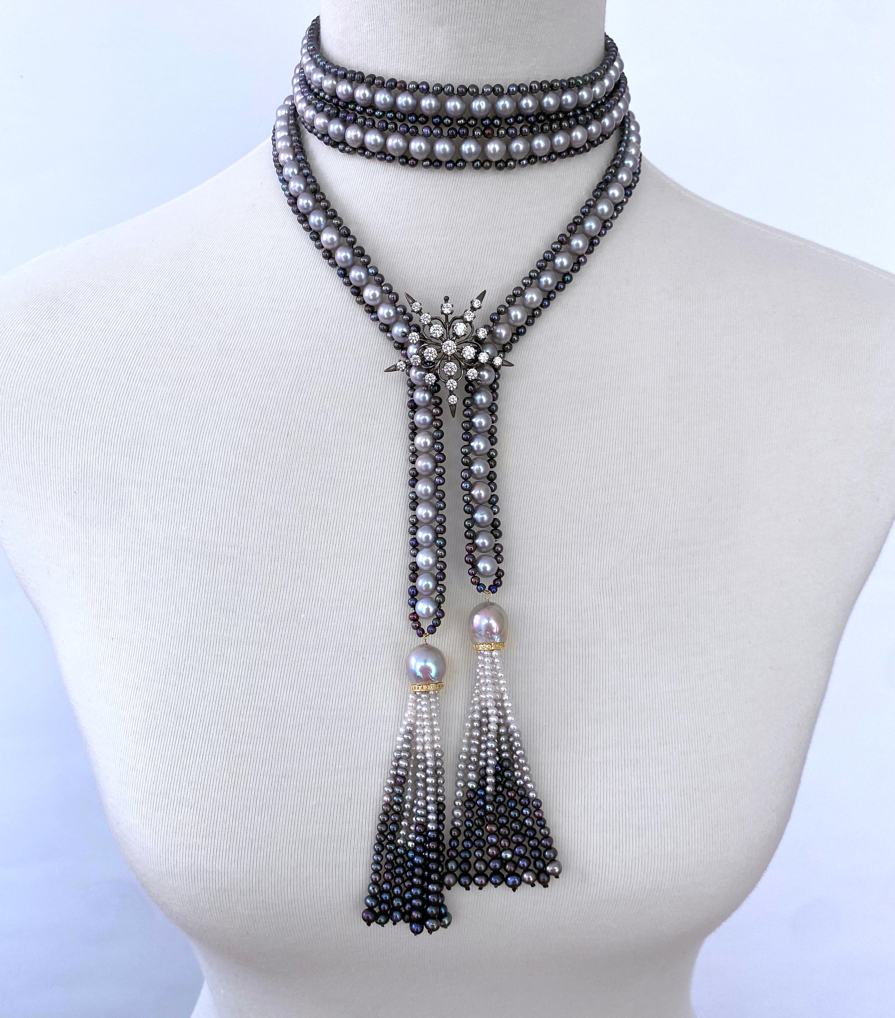 Donna Marina J. Lariat di perle nere e grigie /Sautoir con diamanti e nappe di perle Ombre in vendita