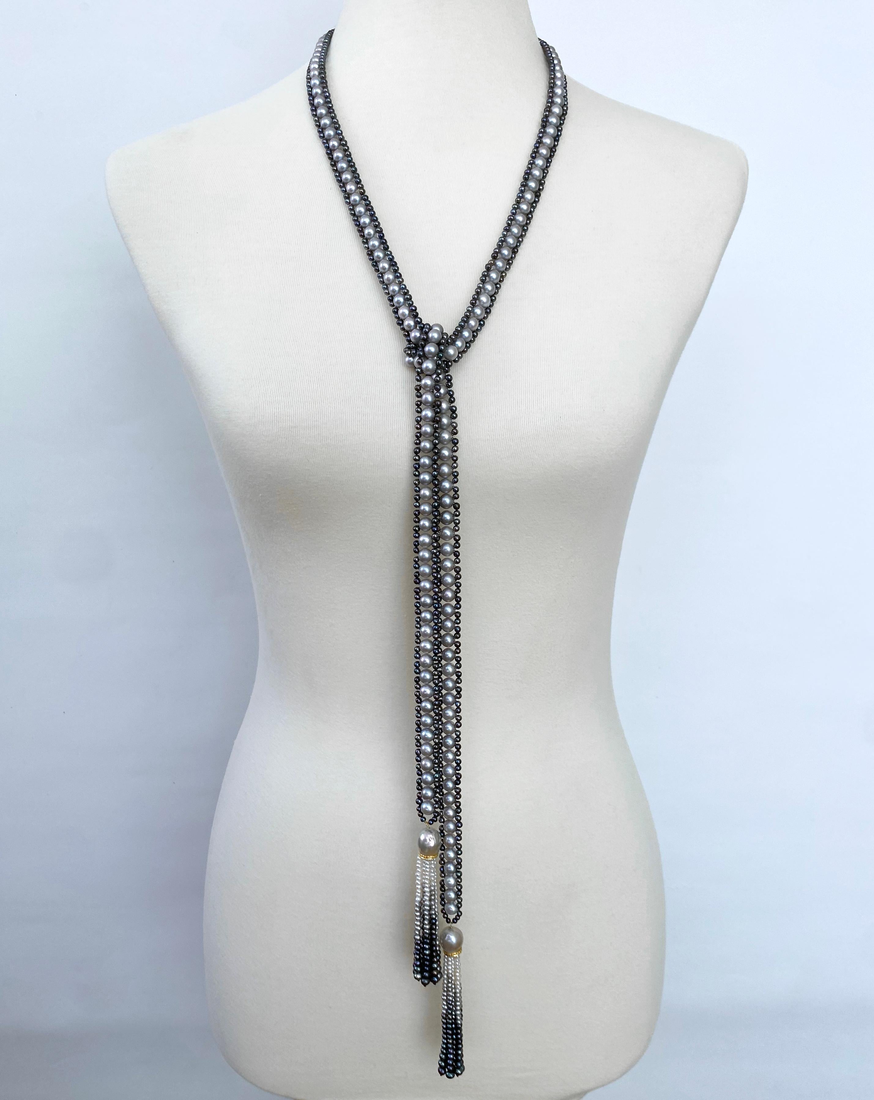 Marina J. Lariat di perle nere e grigie /Sautoir con diamanti e nappe di perle Ombre in vendita 1