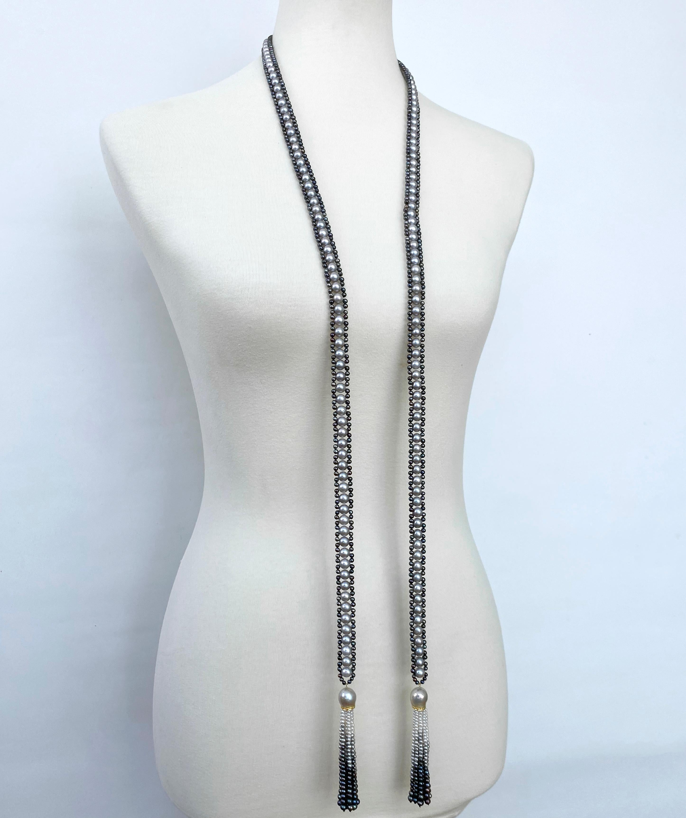 Marina J. Lariat di perle nere e grigie /Sautoir con diamanti e nappe di perle Ombre in vendita 2