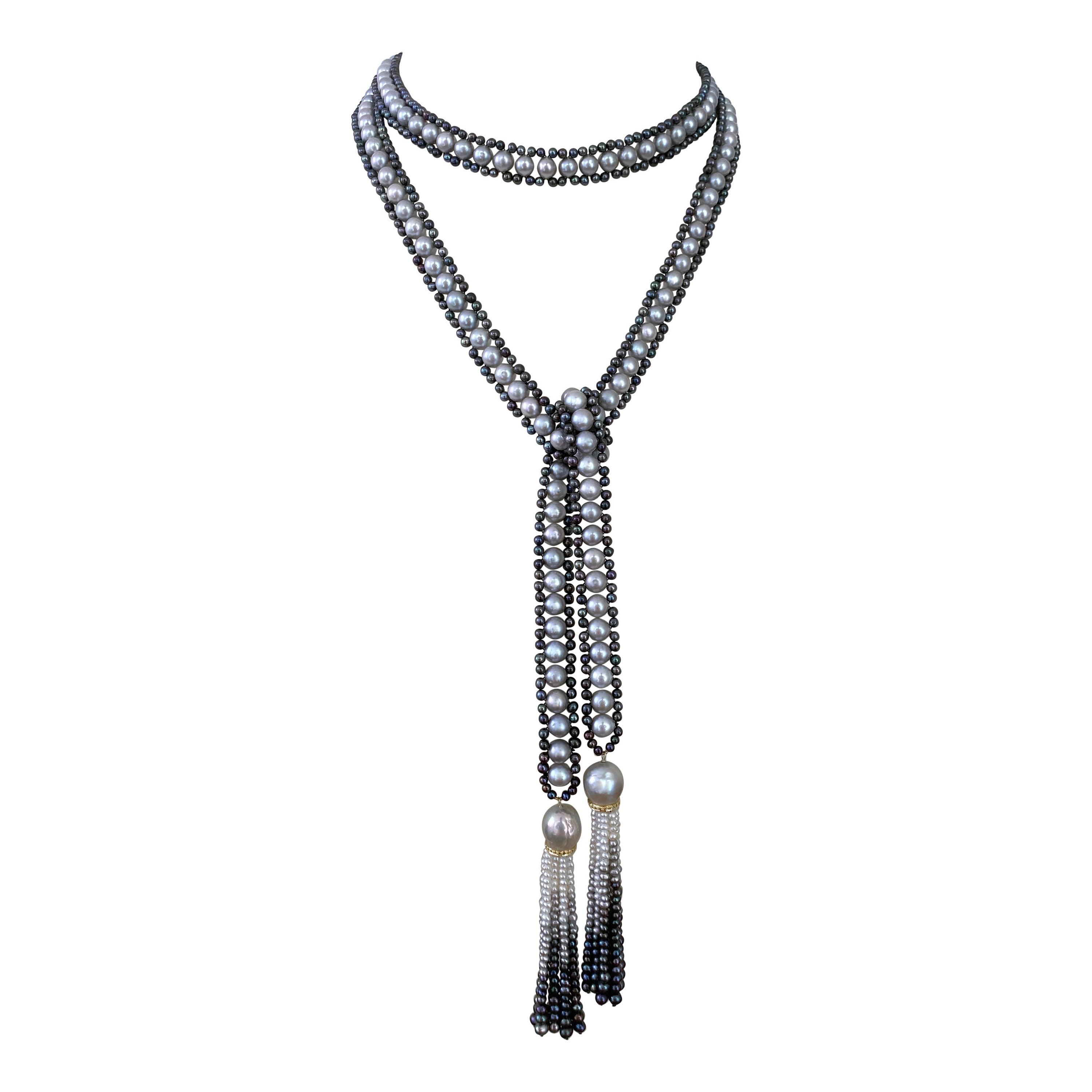 Marina J. Lariat di perle nere e grigie /Sautoir con diamanti e nappe di perle Ombre