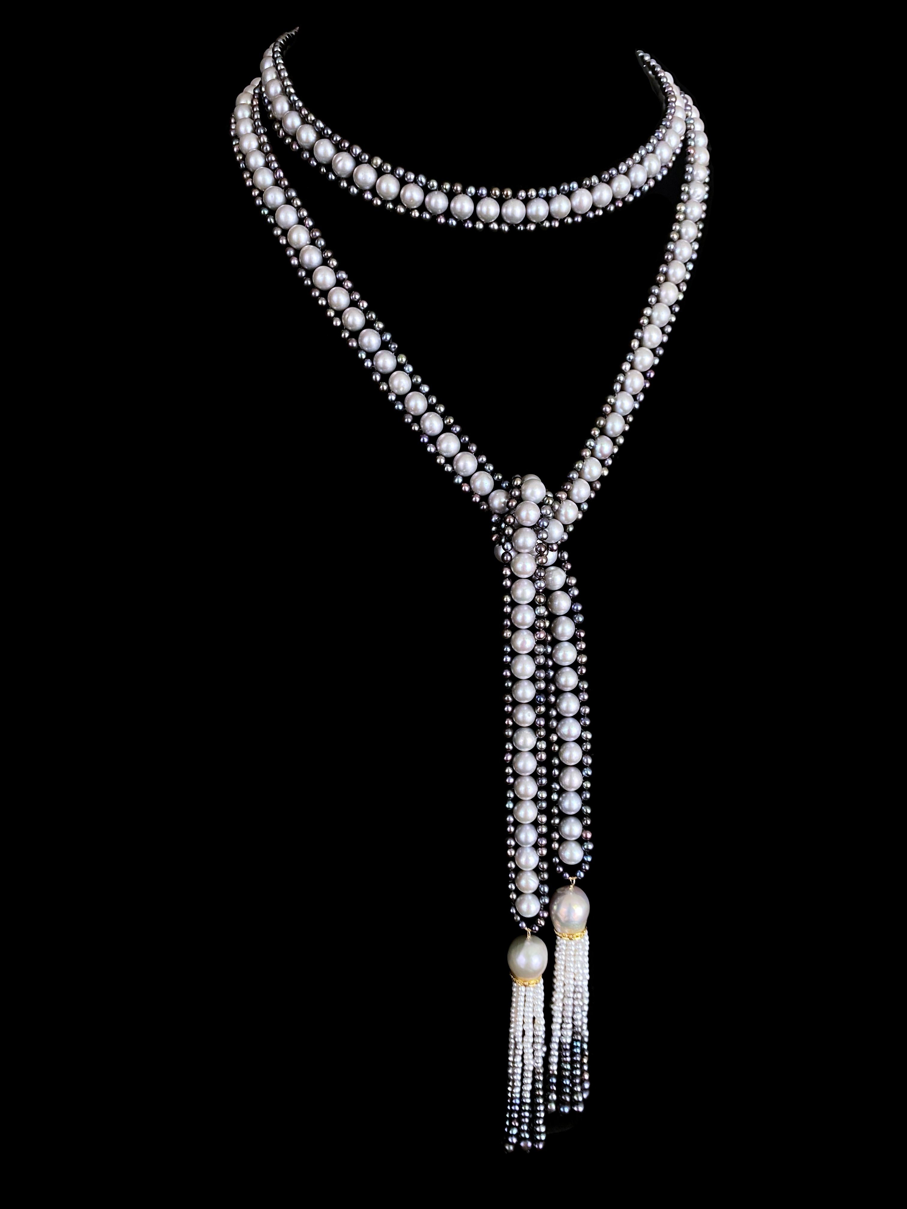 Taille coussin Marina J. Sautoir en perles noires et grises avec pampilles dégradées de diamants en vente
