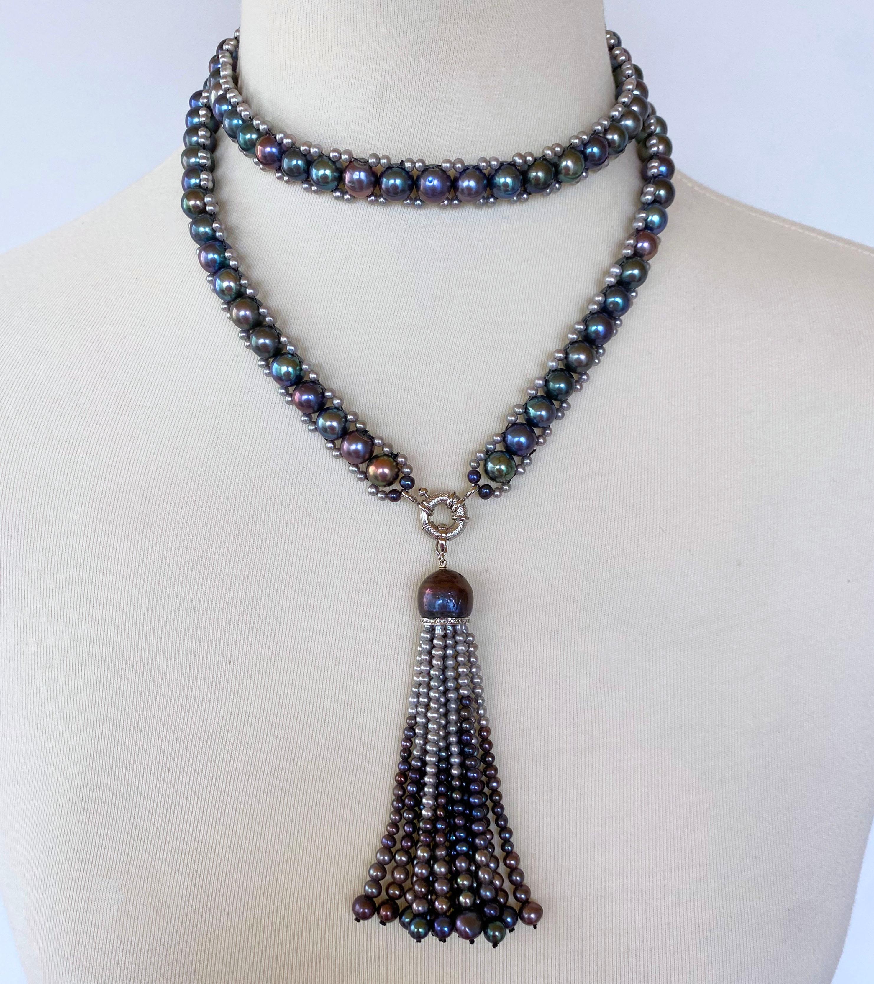 Marina J. Sautoir en perles noires et grises avec pompon amovible en or blanc massif 14k en vente 1