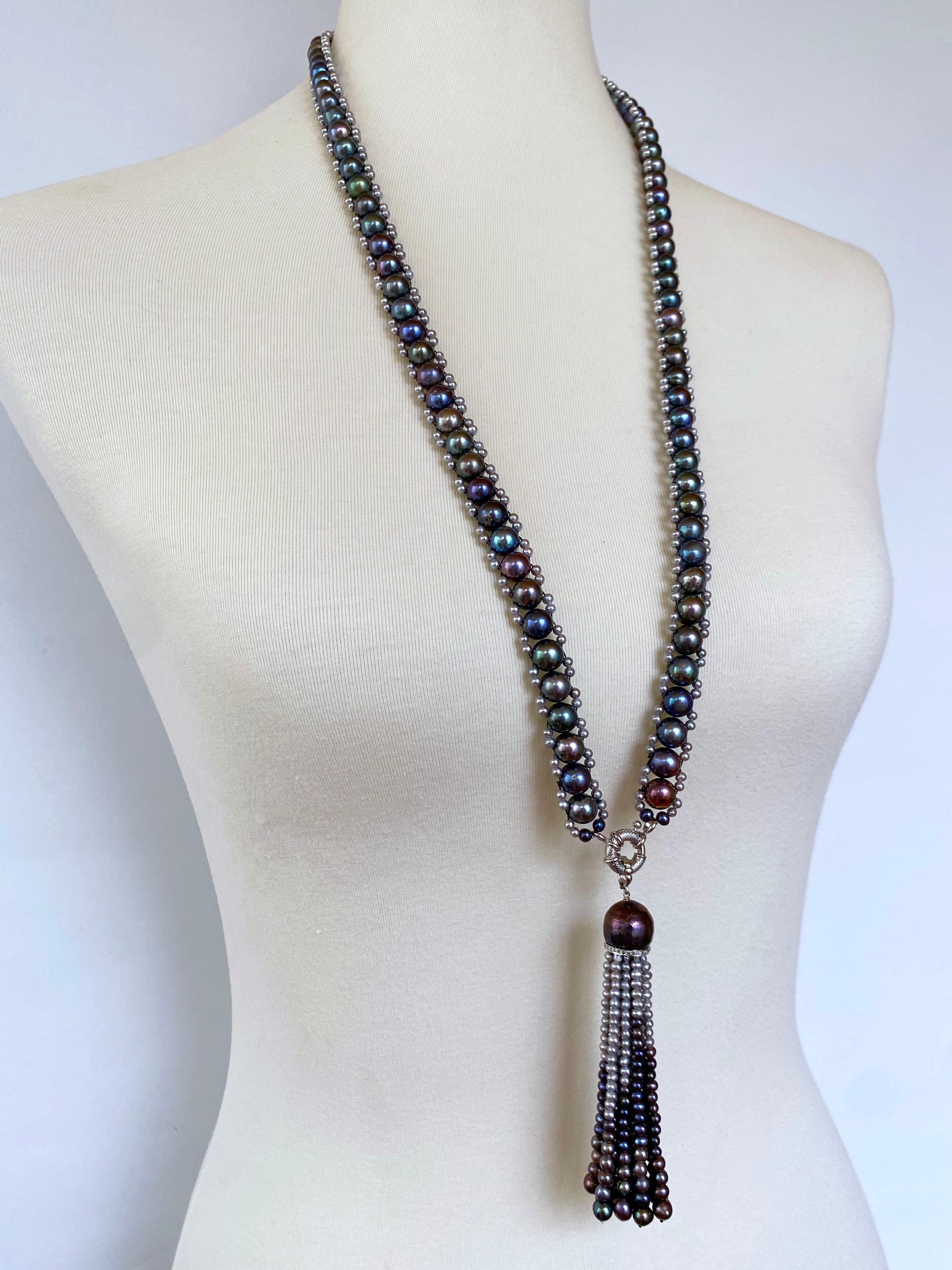 Marina J. Sautoir en perles noires et grises avec pompon amovible en or blanc massif 14k en vente 2
