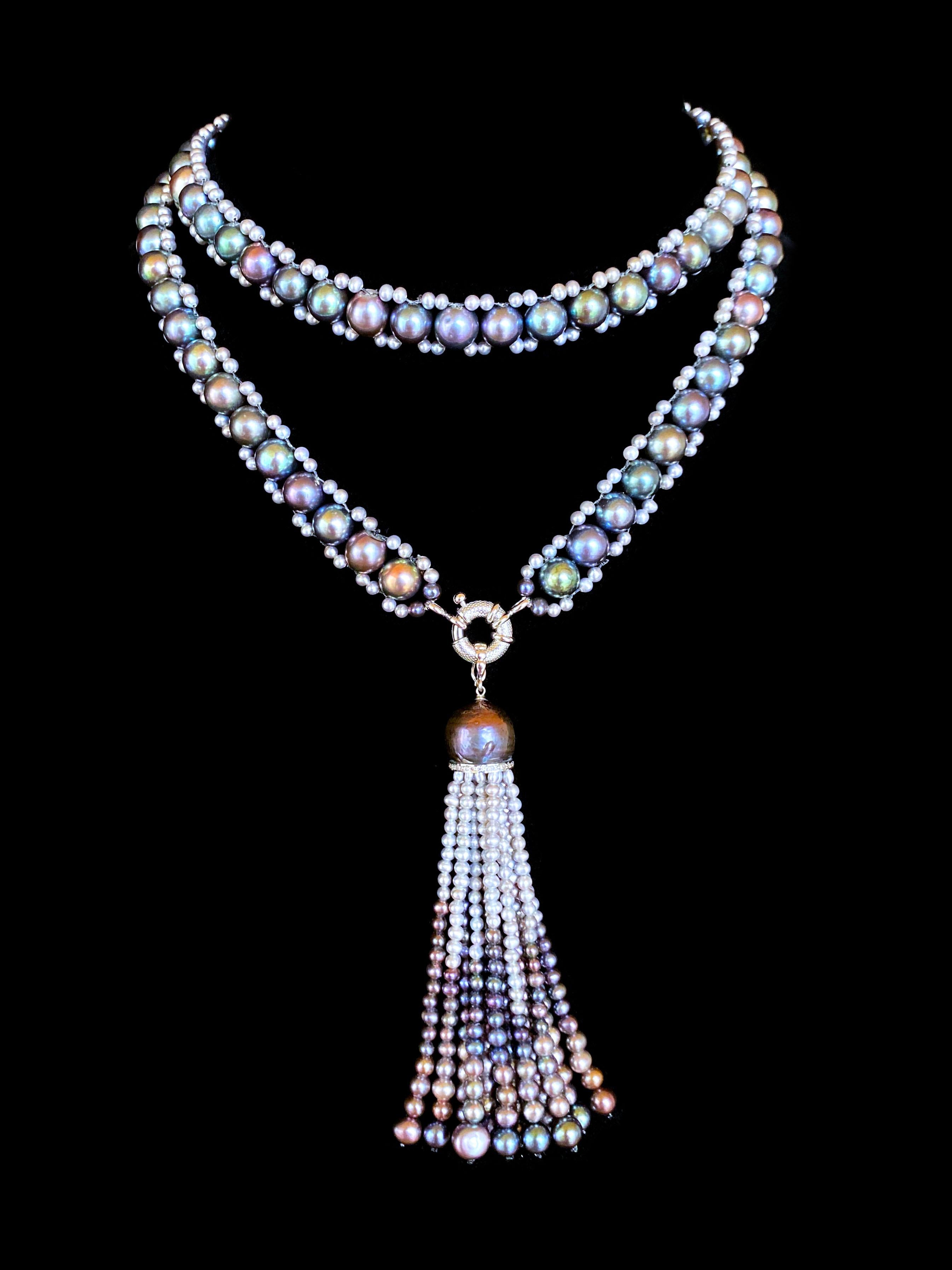 Marina J. Sautoir en perles noires et grises avec pompon amovible en or blanc massif 14k en vente 3