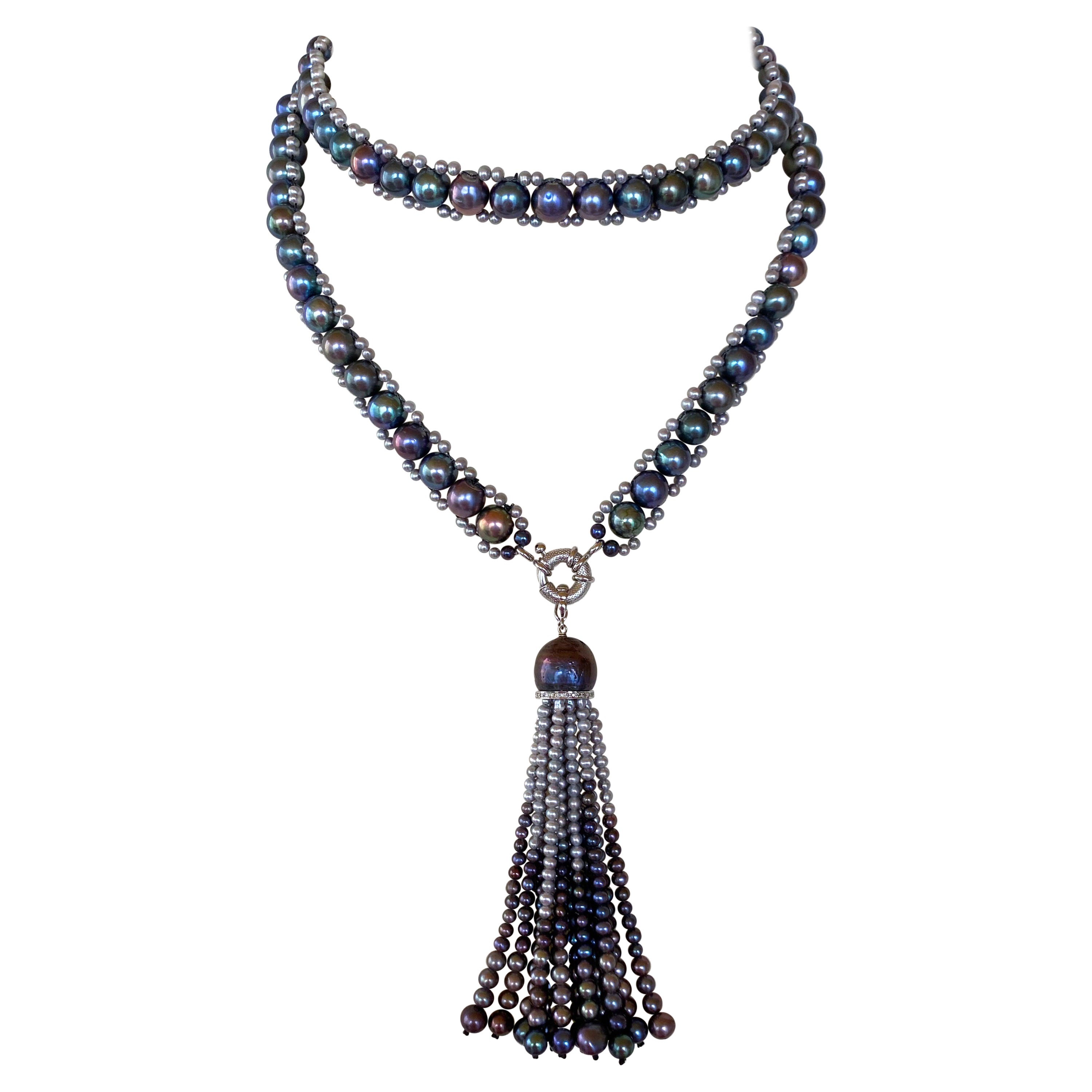 Marina J. Schwarzes & graues Perlen-Sautoir mit abnehmbarer Quaste aus massivem 14k Weißgold