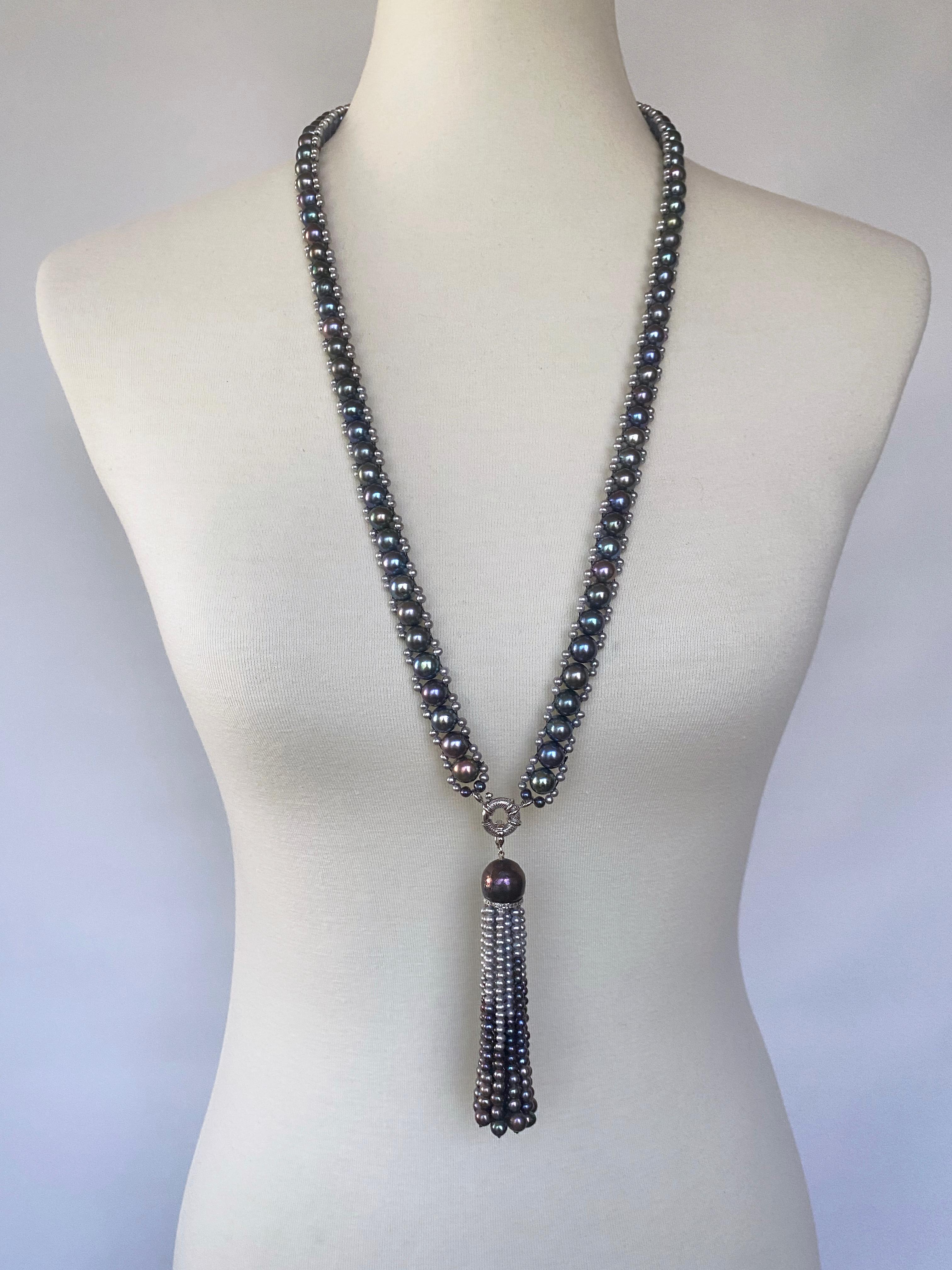 Classic Lariat by Marina J. This gorgeous Lariat features all Black and Grey Pearls hand woven together into a beautiful column like design. The Black Pearls in this piece display a wild iridescence, giving an 