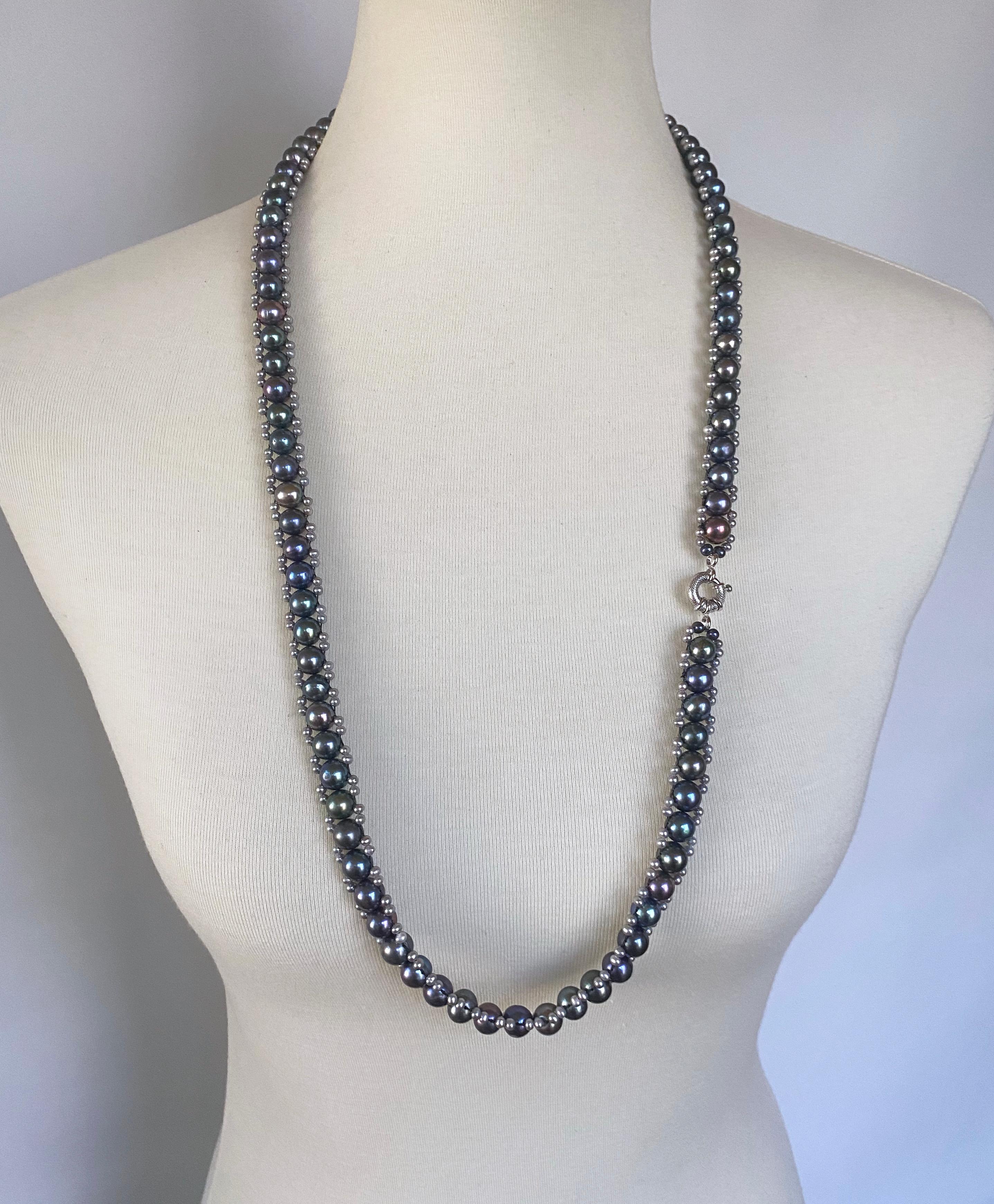 Bead Marina J. Black & Grey Pearl Woven Lariat with 14k White Gold For Sale