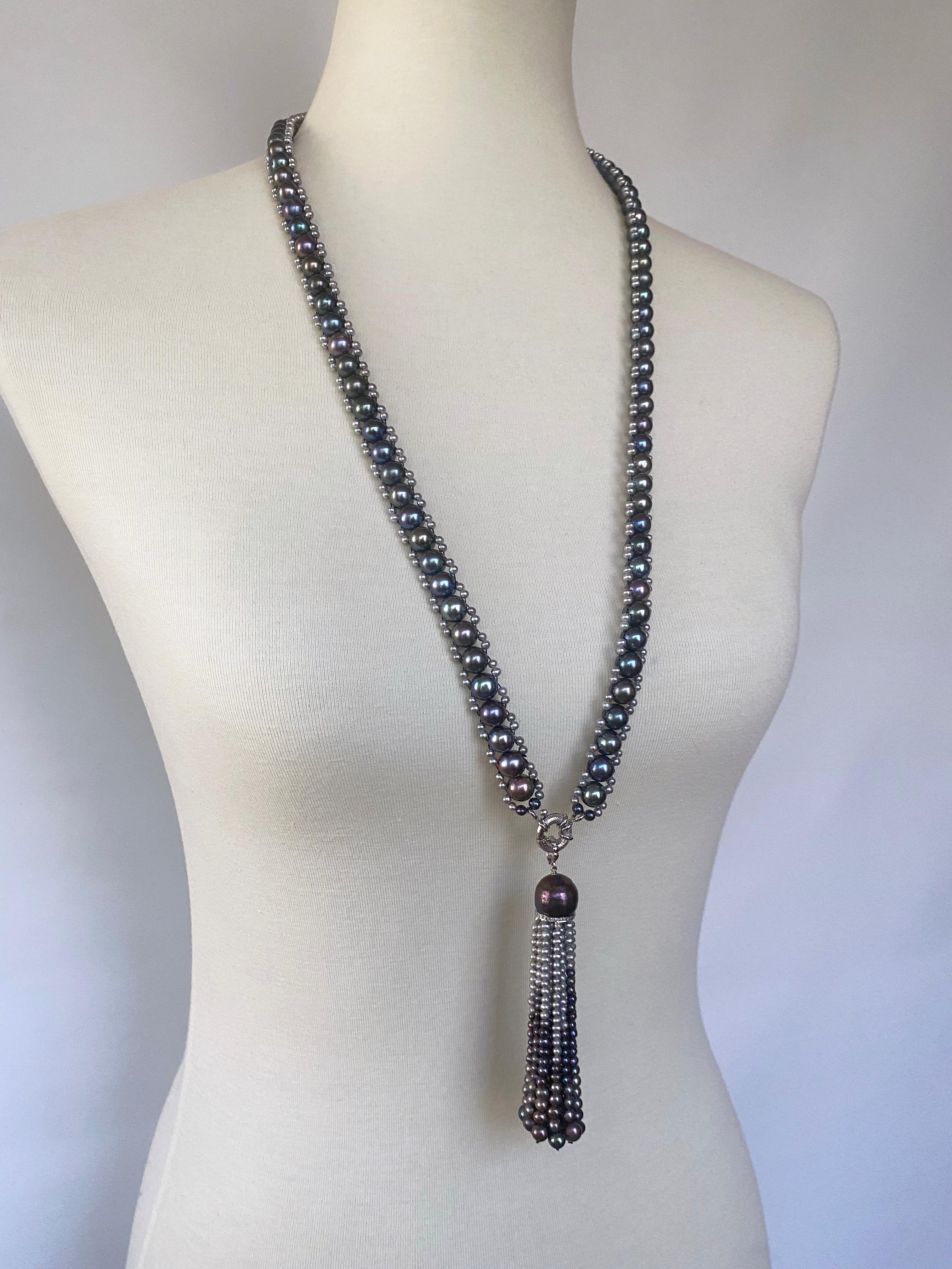 Marina J. Black & Grey Pearl Woven Lariat with 14k White Gold In New Condition For Sale In Los Angeles, CA