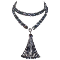 Marina J. Lariat Tejido de Perlas Negras y Grises con Oro Blanco de 14k
