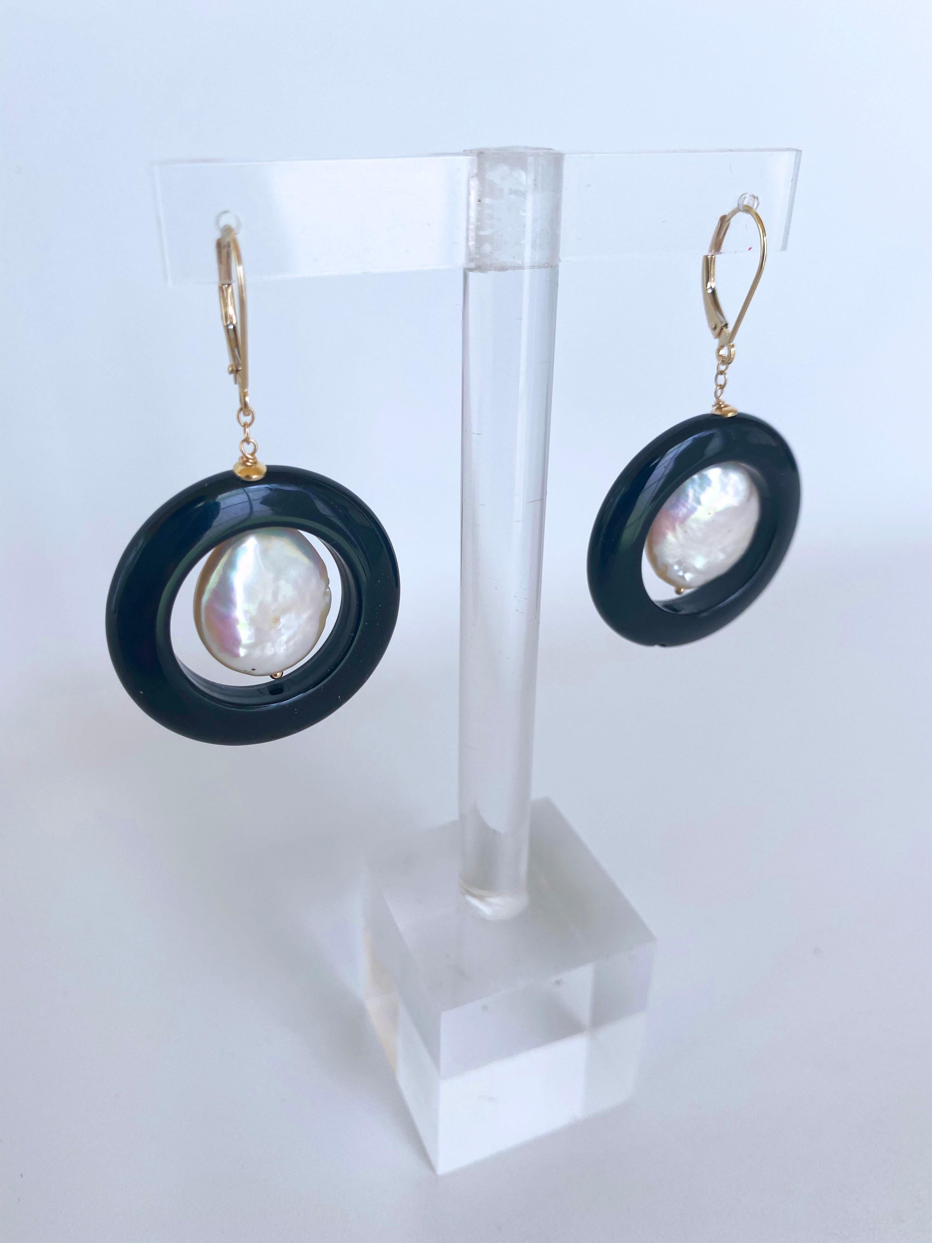 Bead Marina J. Black Onyx and Pearl Dangle Earrings with 14k Yellow Gold