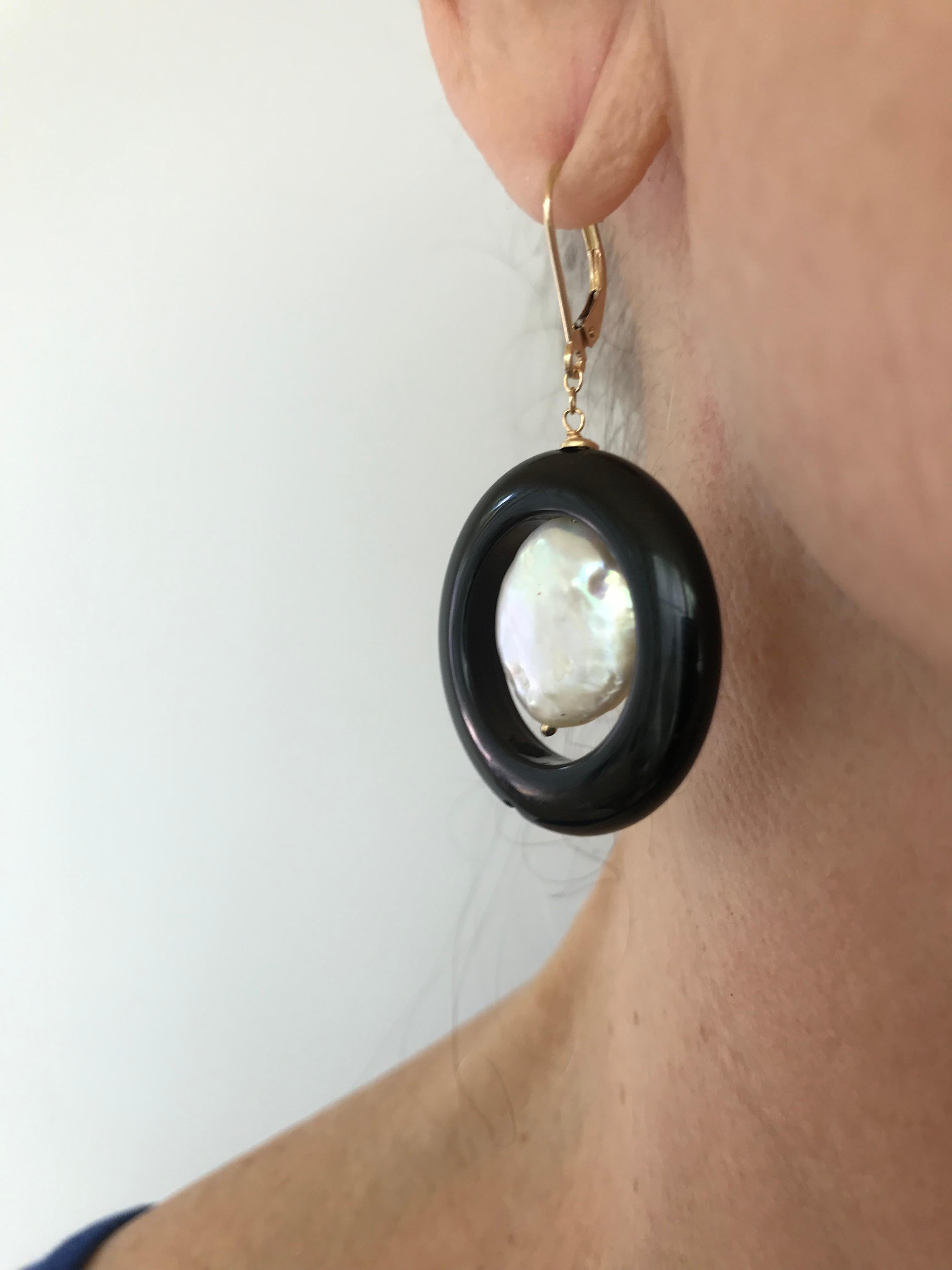 Artisan Marina J. Black Onyx and Pearl Dangle Earrings with 14k Yellow Gold