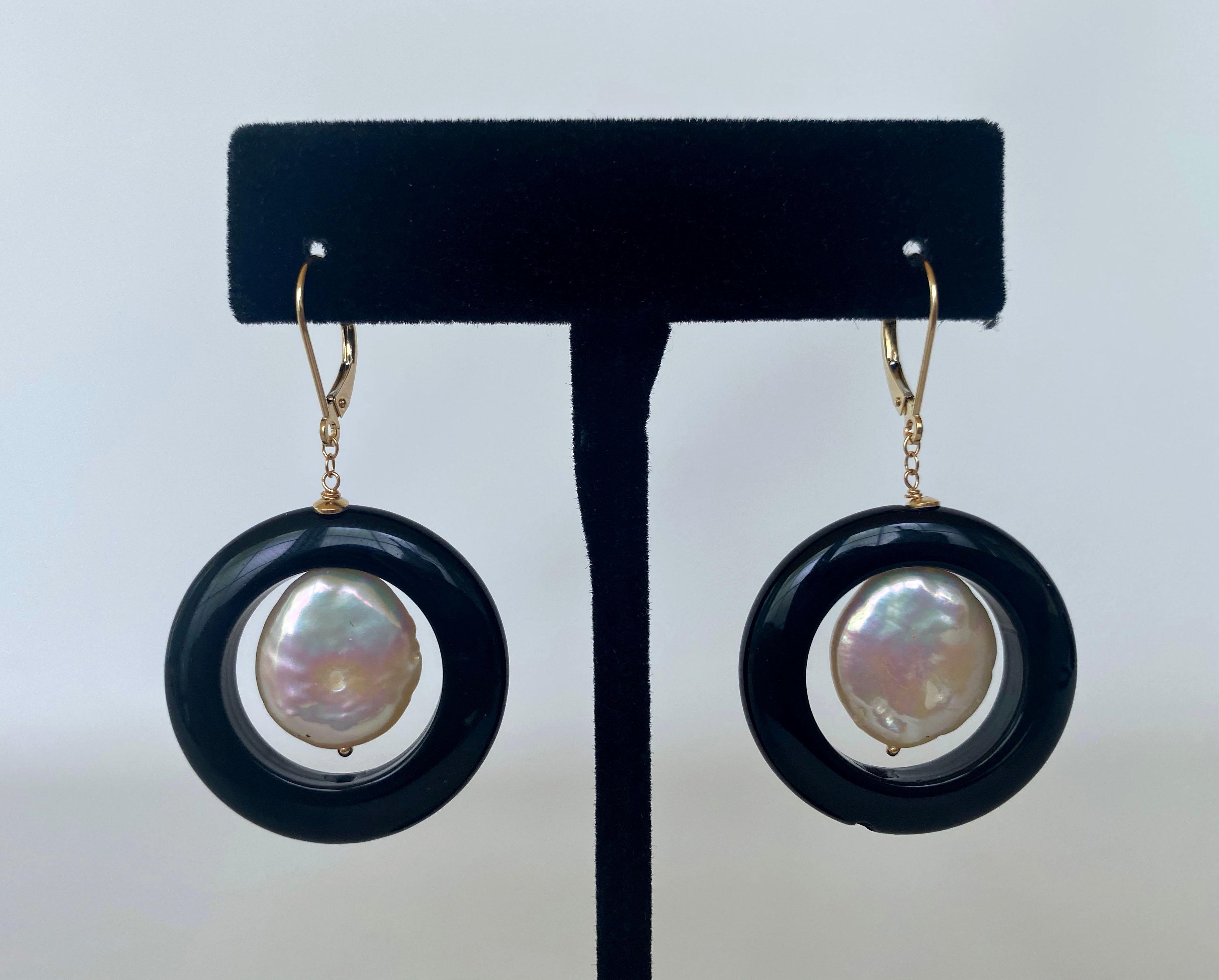 Women's Marina J. Black Onyx and Pearl Dangle Earrings with 14k Yellow Gold