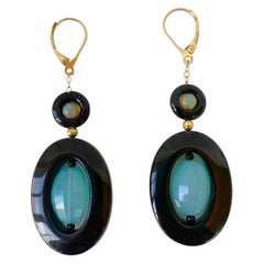 Marina J. Pendientes colgantes de ónix negro, apatita, ópalo y oro amarillo macizo de 14k
