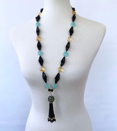 Marina J. Schwarzer Onyx, Chalcedon, Citrin und Gold-Cluster-Halskette mit Quaste