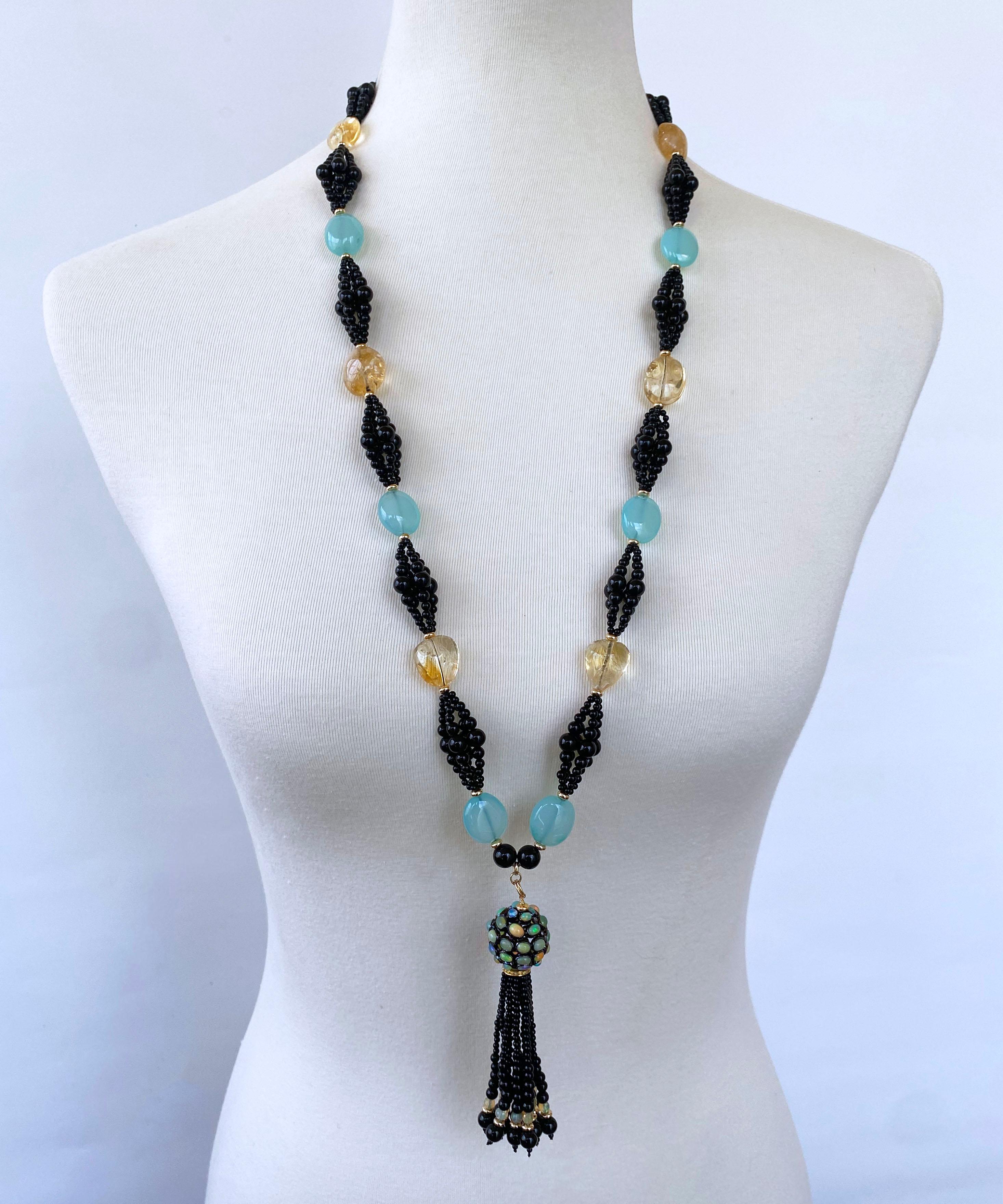 Artisan Marina J. Black Onyx, Chalcedony, Citrine & Gold Cluster Necklace with Tassel