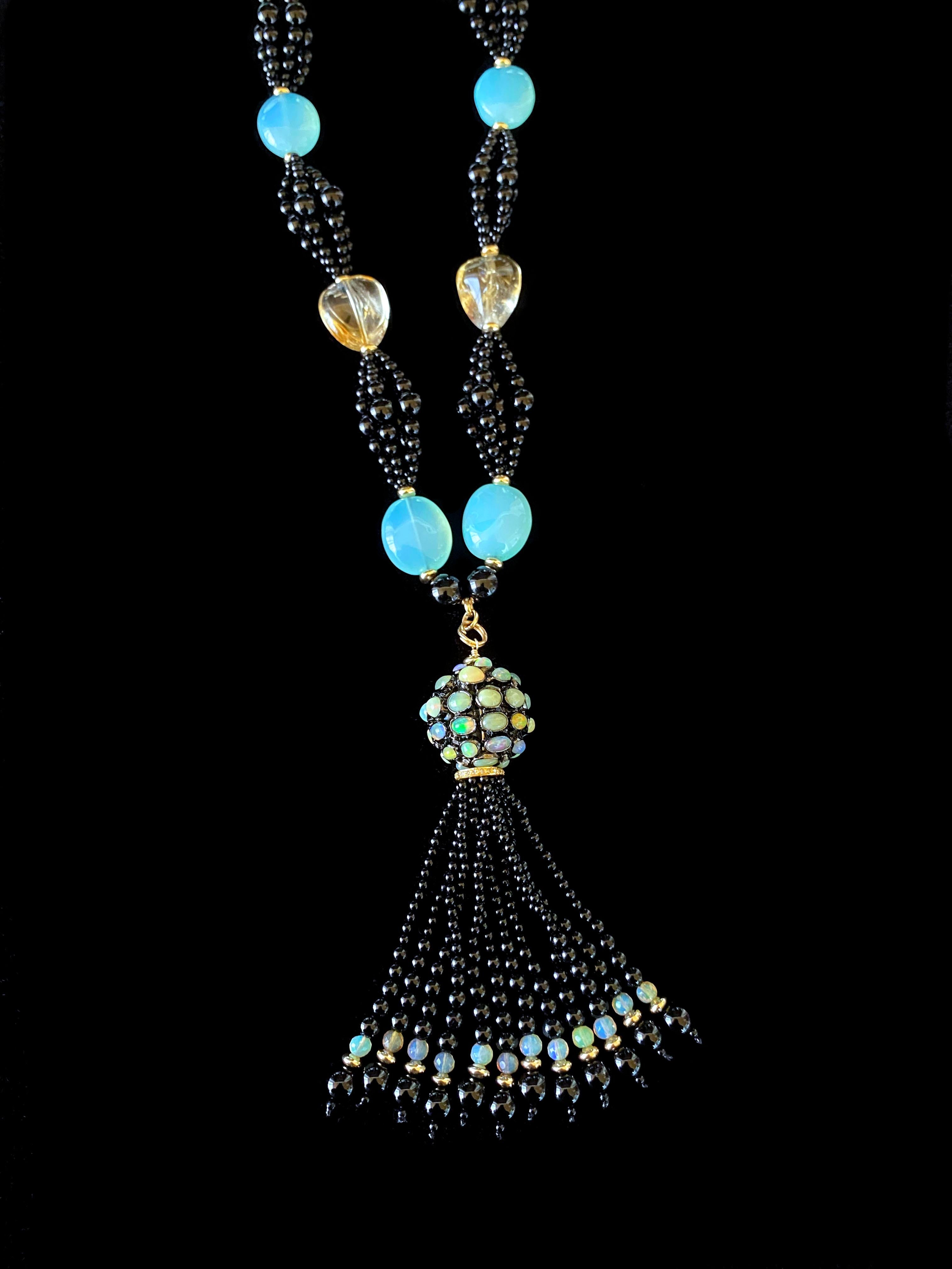 Bead Marina J. Black Onyx, Chalcedony, Citrine & Gold Cluster Necklace with Tassel