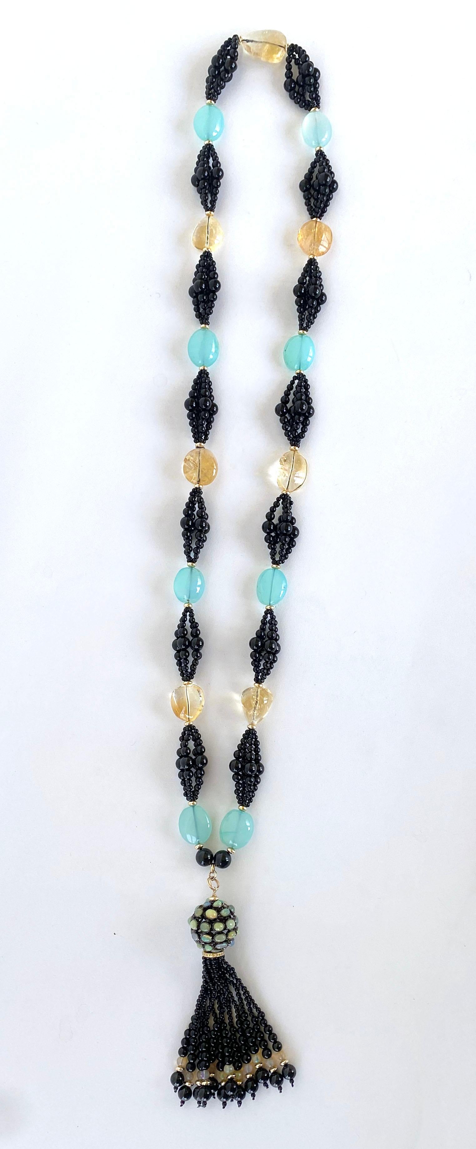 Marina J. Black Onyx, Chalcedony, Citrine & Gold Cluster Necklace with Tassel In New Condition In Los Angeles, CA