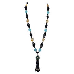 Marina J. Schwarzer Onyx, Chalcedon, Citrin und Gold-Cluster-Halskette mit Quaste