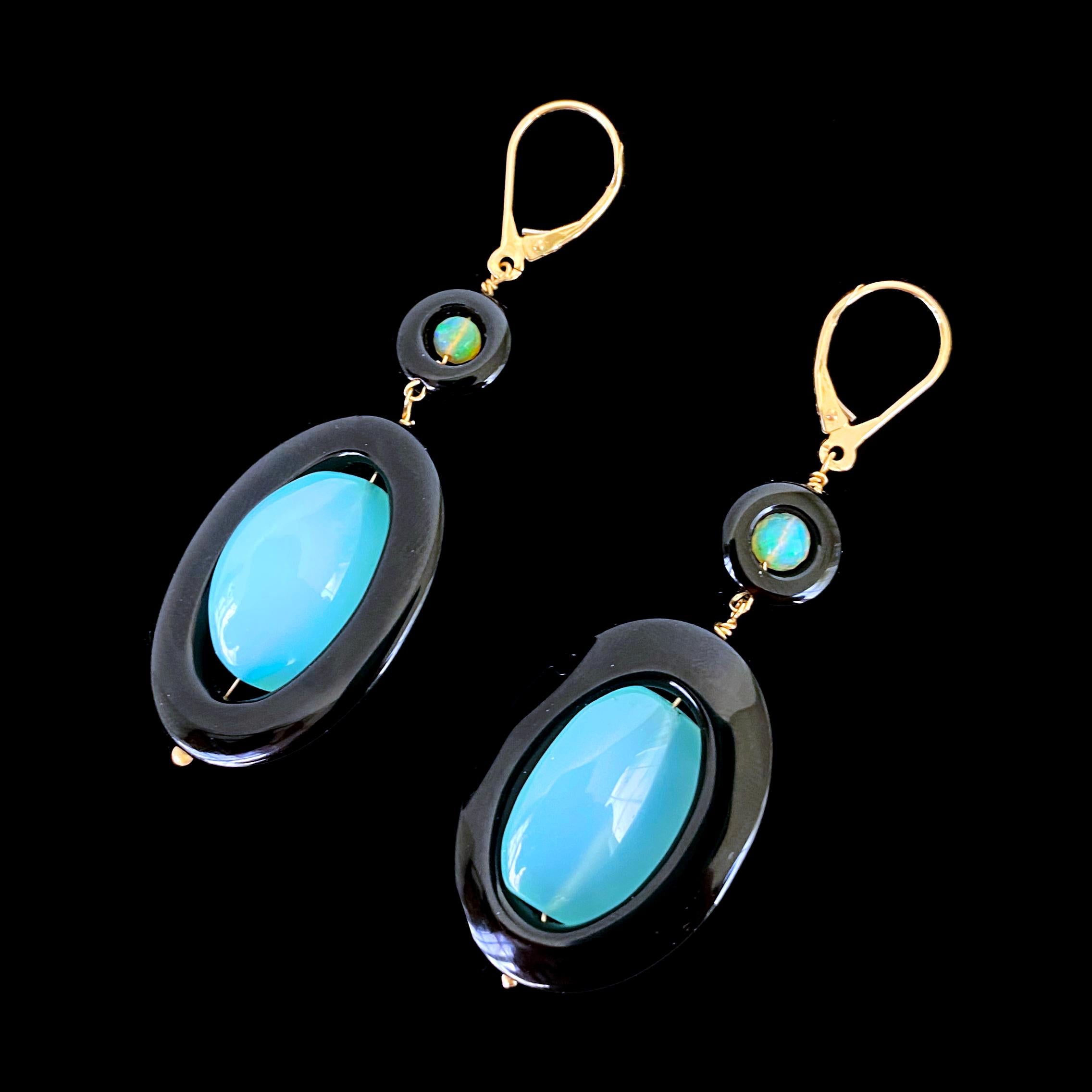 Bead Marina J. Black Onyx, Fire Opal & Chalcedony Earrings with solid 14k Lever Backs For Sale