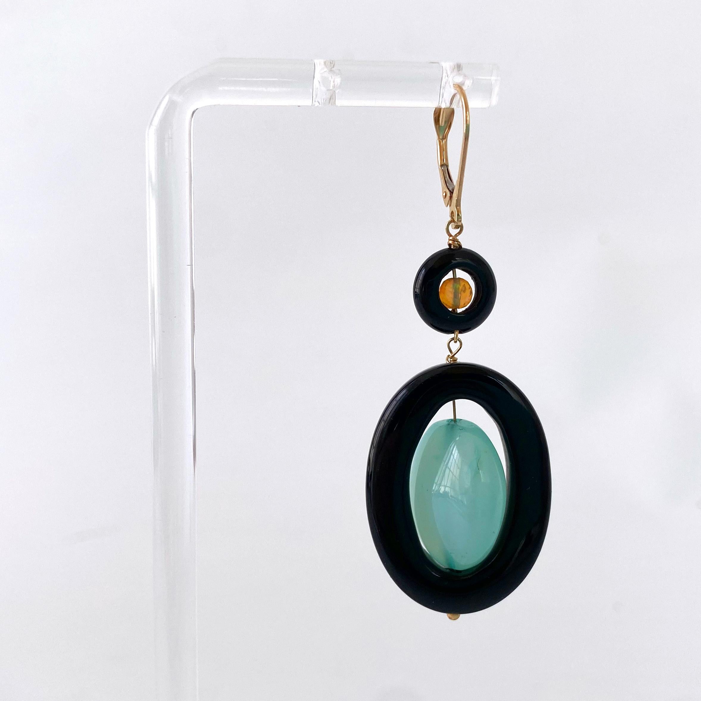 Marina J. Black Onyx, Fire Opal & Chalcedony Earrings with solid 14k Lever Backs In New Condition For Sale In Los Angeles, CA