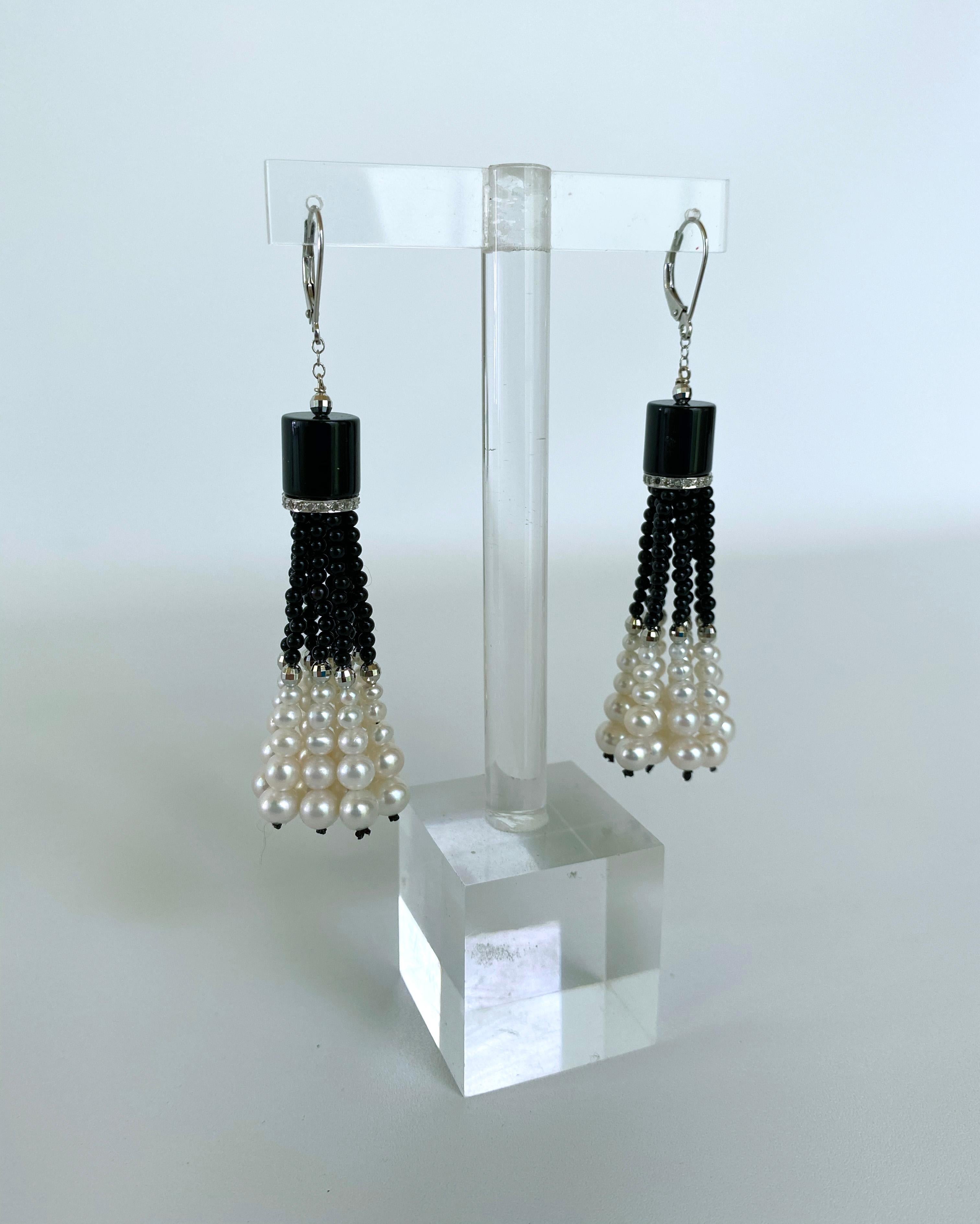 Artisan Marina J. Art Deco Inspired Earrings With Pearls, Black Onyx, Diamonds & Gold For Sale