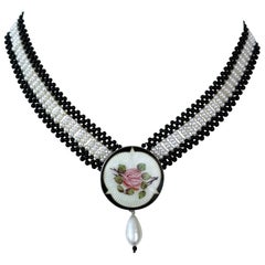 Marina J. Black Onyx, Pearl 
Silver Necklace with Vintage Enamel Centerpiece