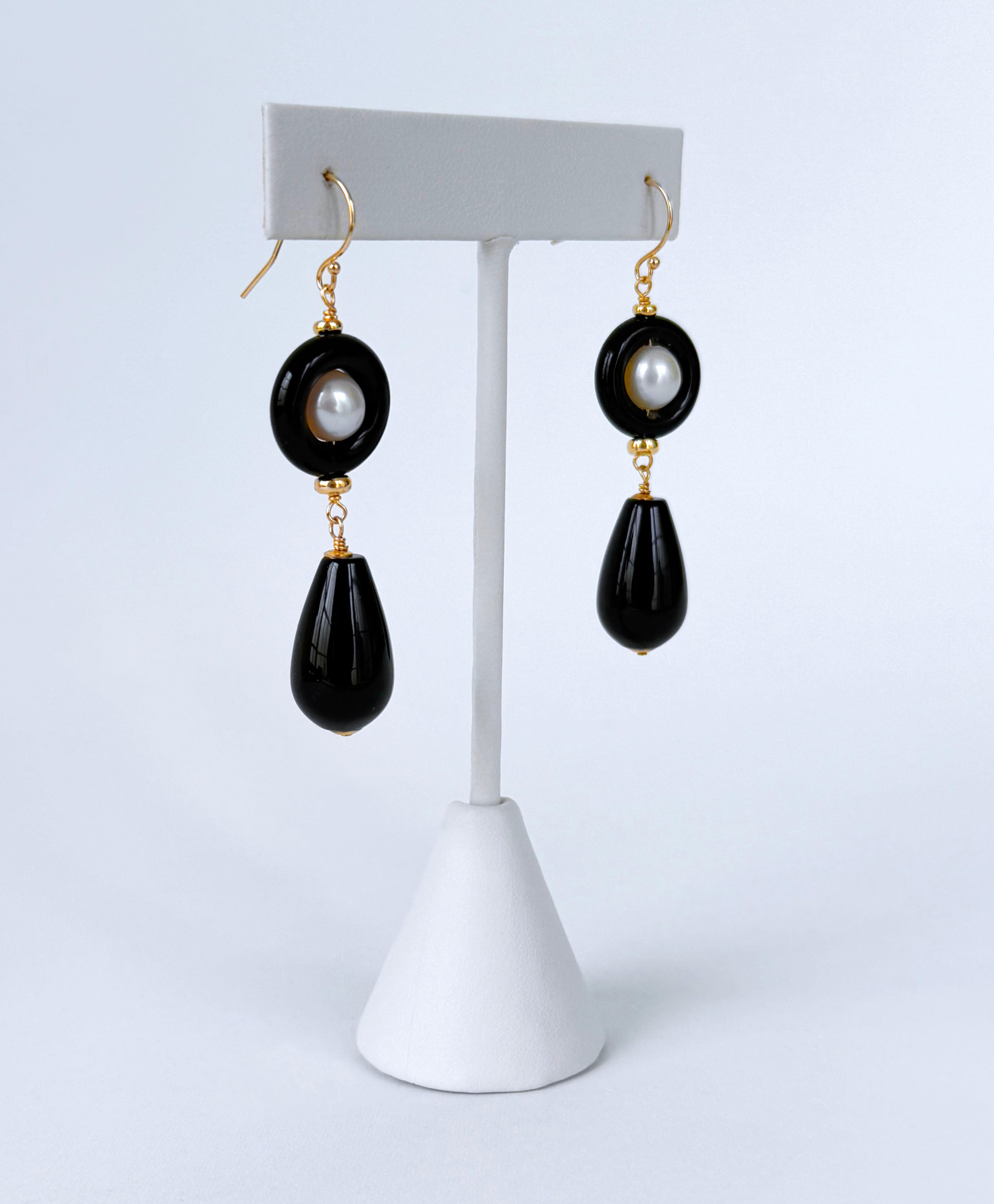 Artisan Marina J. Black Onyx & Pearl & Solid 14k 'Art Deco' Dangle Earrings For Sale
