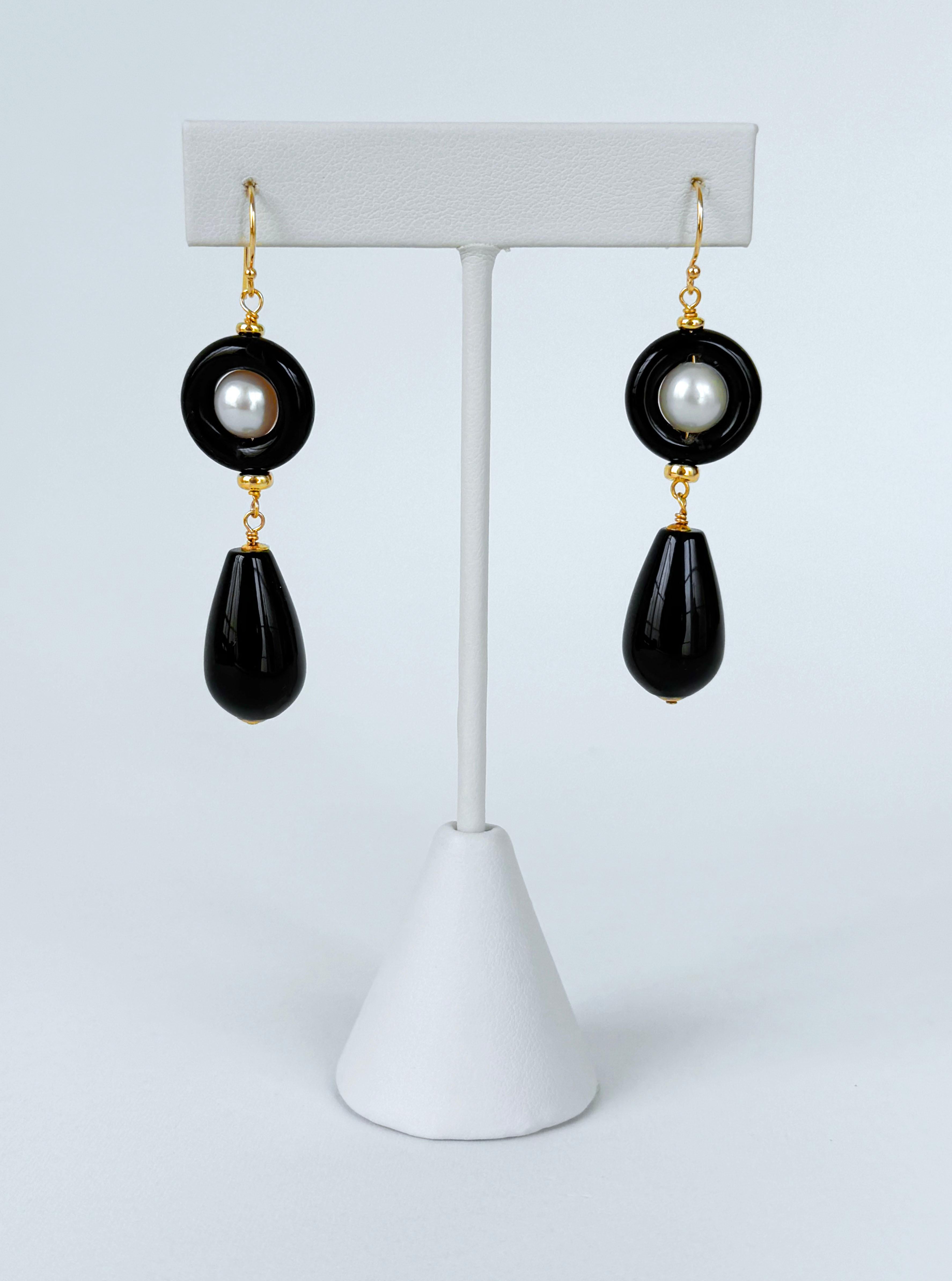 Bead Marina J. Black Onyx & Pearl & Solid 14k 'Art Deco' Dangle Earrings For Sale