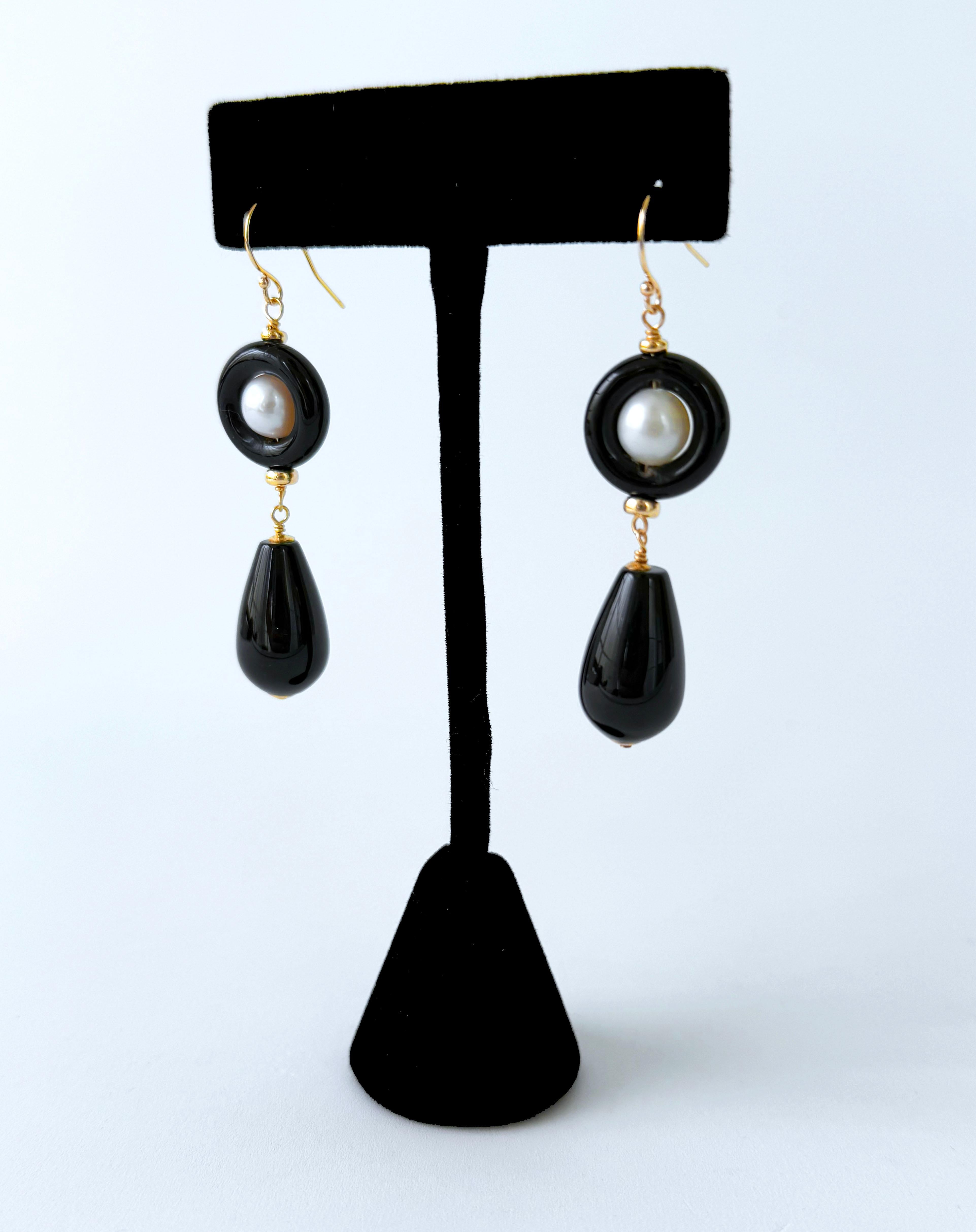 Marina J. Black Onyx & Pearl & Solid 14k 'Art Deco' Dangle Earrings In New Condition For Sale In Los Angeles, CA