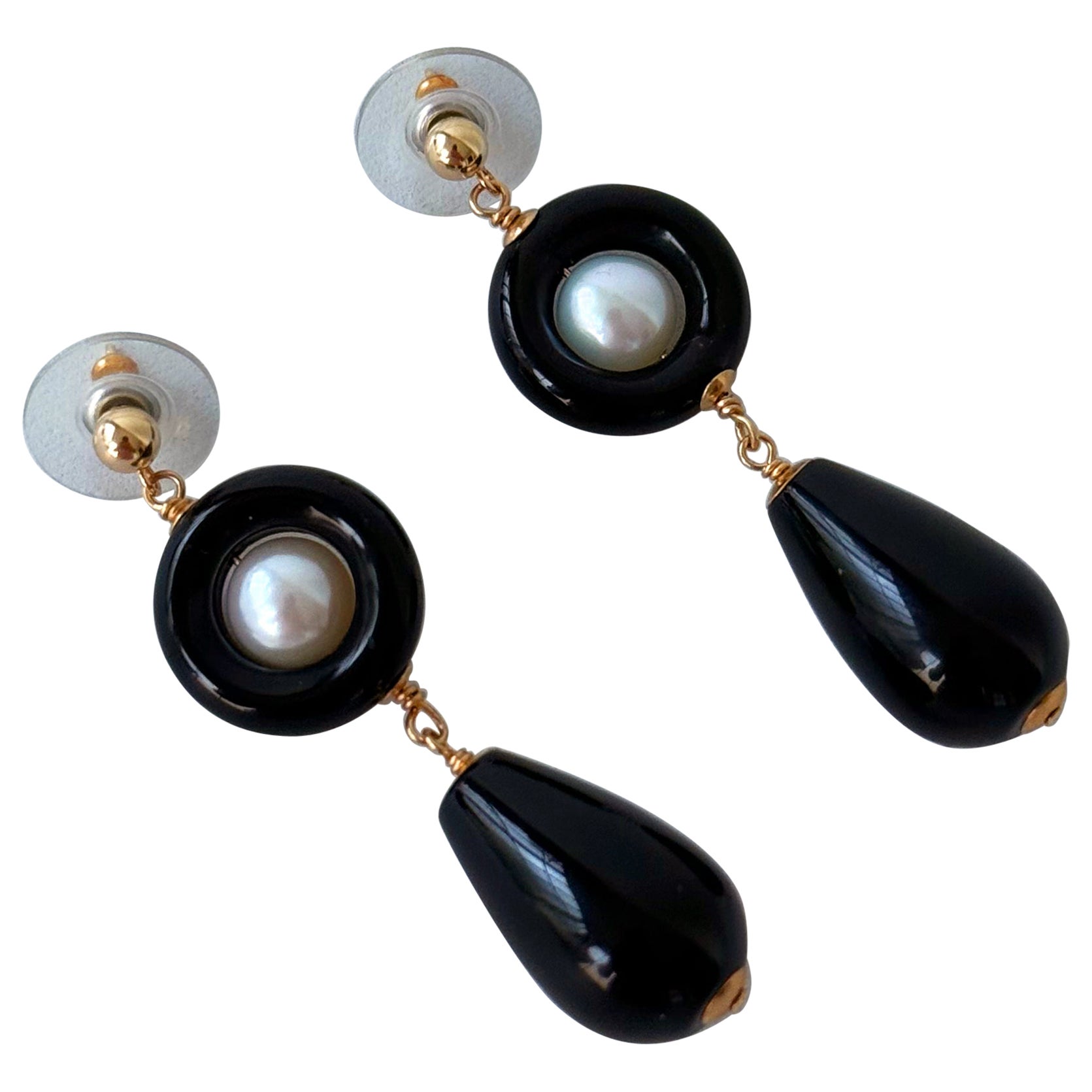 Marina J. Black Onyx, Pearl 
Solid 14k 
Art Deco
 Dangle Earrings