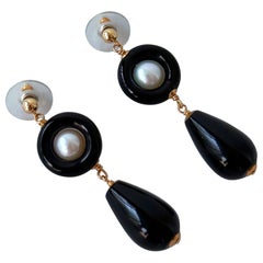 Marina J. Black Onyx, Pearl 
Solid 14k 
Art Deco
 Dangle Earrings