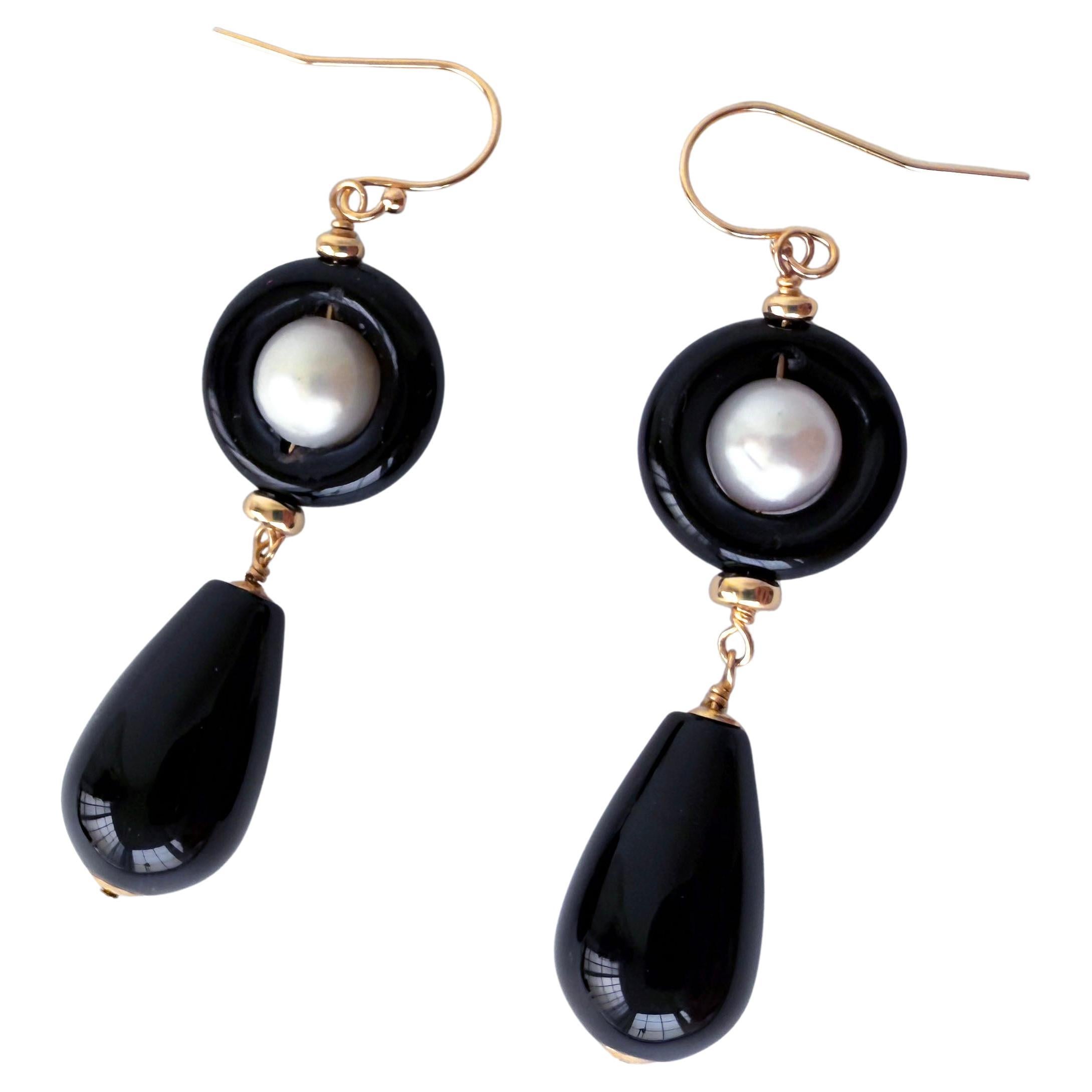 Marina J. Black Onyx & Pearl & Solid 14k 'Art Deco' Dangle Earrings
