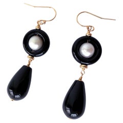 Marina J. Black Onyx & Pearl & Solid 14k 'Art Deco' Dangle Earrings