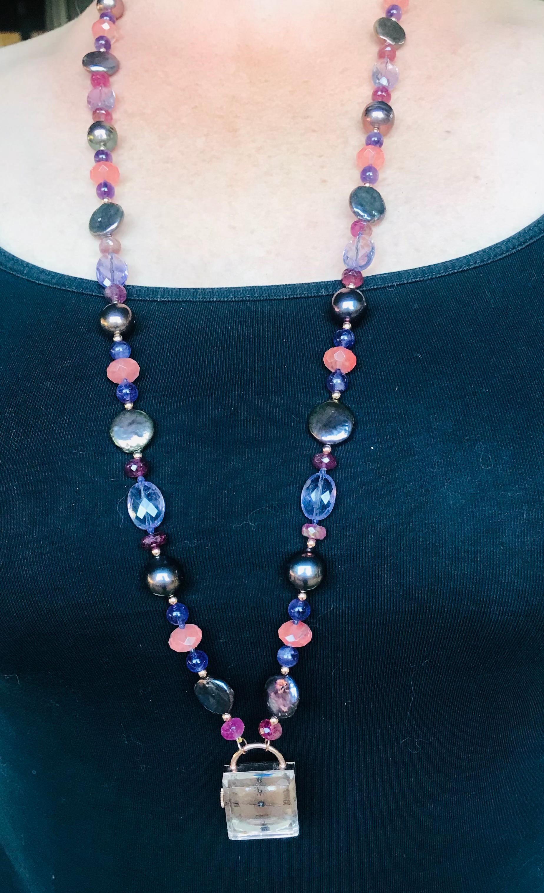 Marina J. Uhr Sautoir aus Roségold mit schwarzer Perle, Amethyst, rosa Turmalin und Roségold im Angebot 1