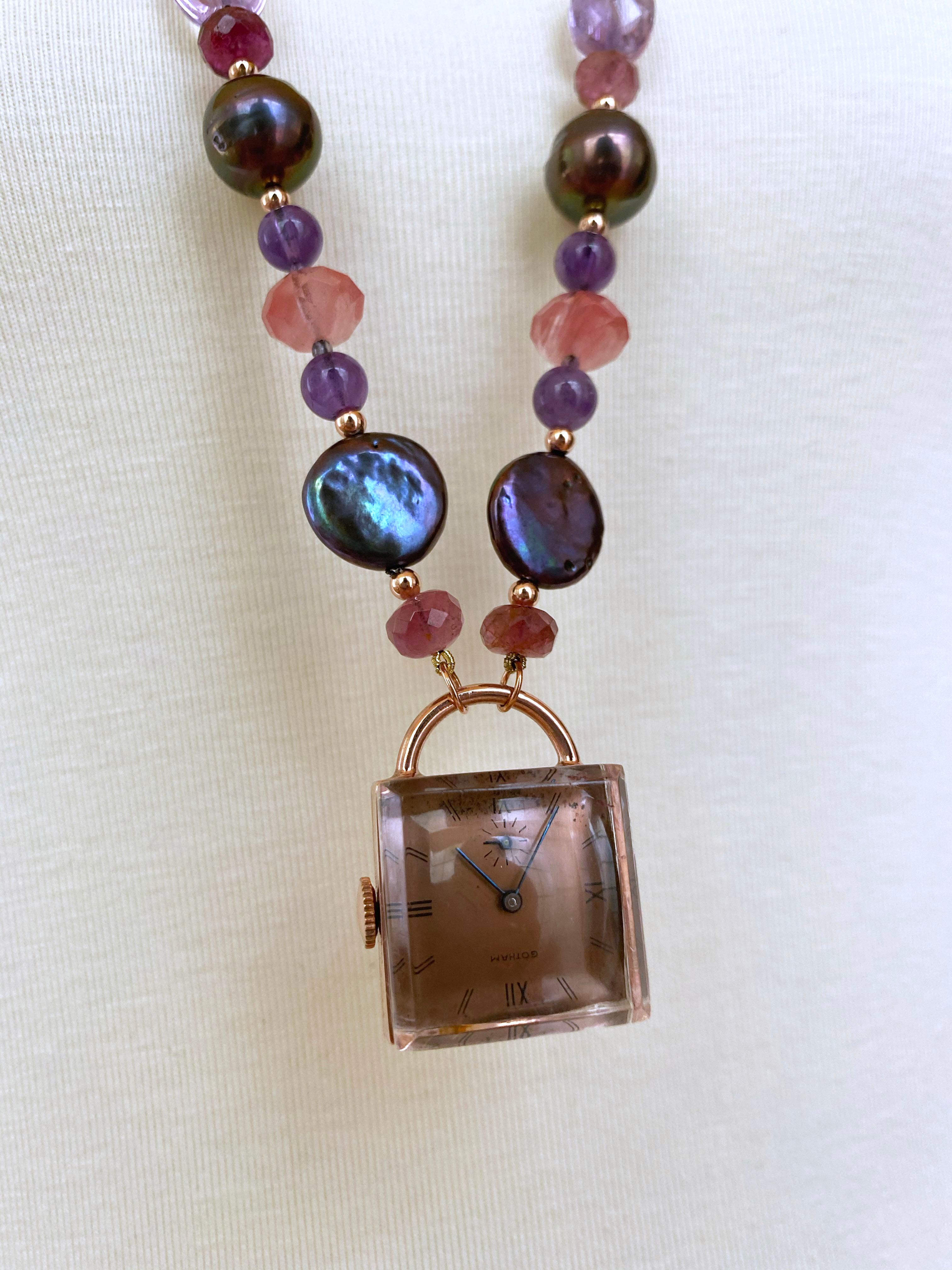 Bead Marina J. Black Pearl, Amethyst, Pink Tourmaline and Rose Gold Watch Sautoir For Sale
