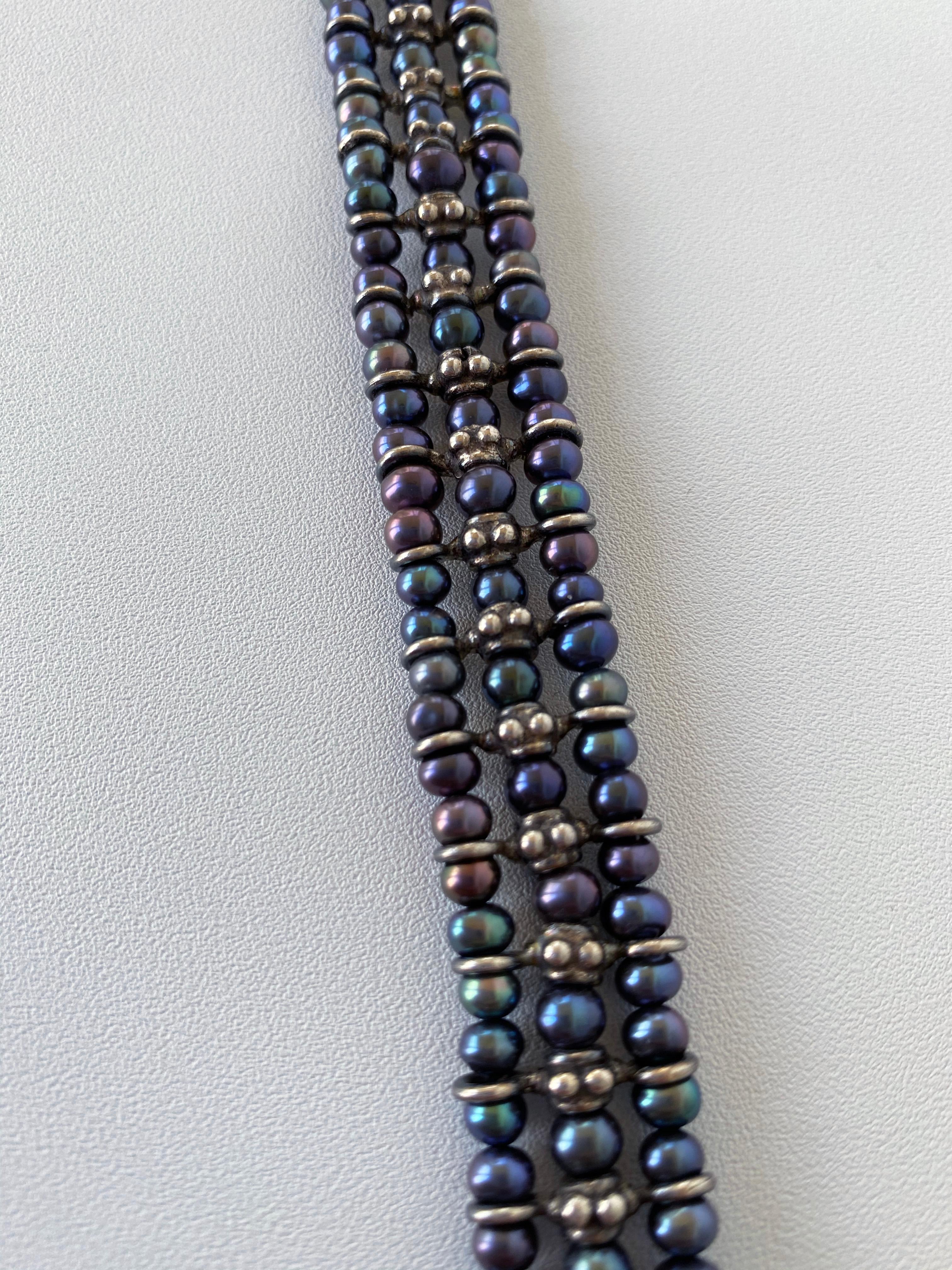 Artist Marina J. Black Pearl and Silver Bracelet with Sterling Silver Sliding Clasp