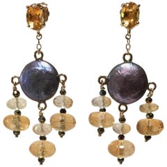 Marina J. Black Pearl Earrings with Spinel and Citrine with 14K Yellow Gold Marina J. Black Pearl Earrings with Spinel and Citrine with 14K Yellow Gold