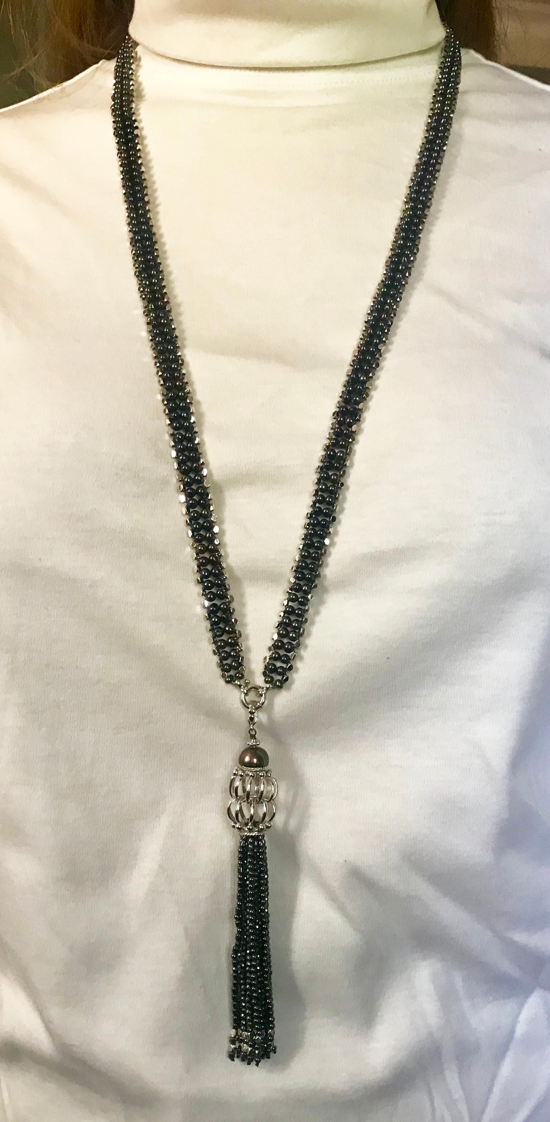 Marina J Black Pearl & Rhodium Sterling Silver Sautoir with Hematite Tassel For Sale 9