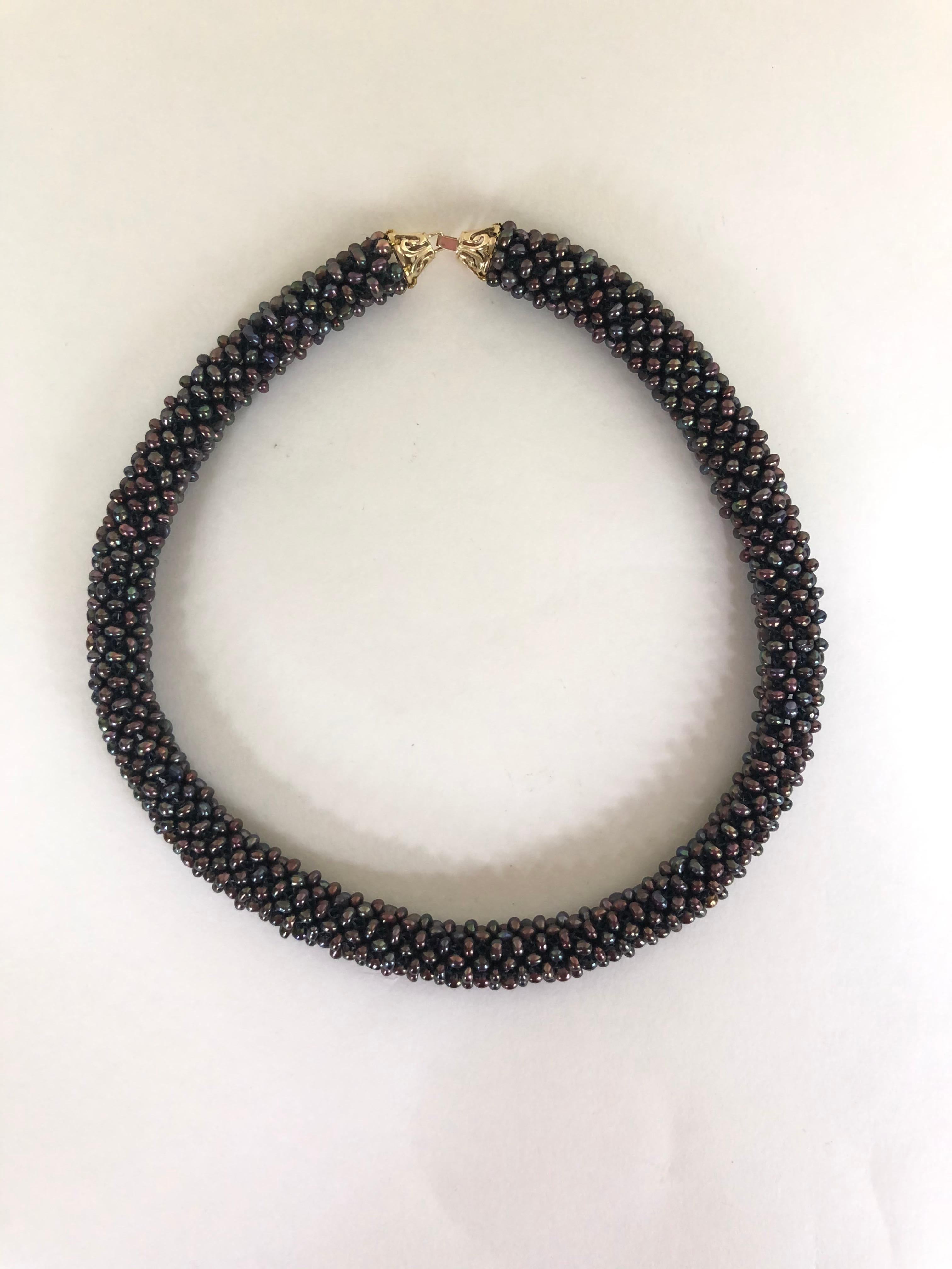 Artisan Marina J 3-D (rope like) Unique Black Pearl Necklace with 14 k Yellow Gold Clasp