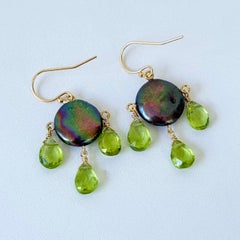Marina J. Black Pearl & Peridot Chandelier Earrings with Solid 14k Yellow Gold