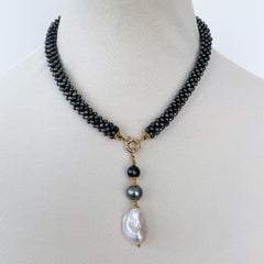 Marina J Black Pearl & Solid 14k Square Necklace with Removable Ombre DropTassel
