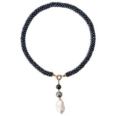 Marina J Collar cuadrado de perla negra y 14k macizo con borla de gota ombre extraíble