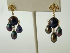 Marina J. Schwarze Perle und massives 14k Gelbgold Kronleuchter-Ohrringe
