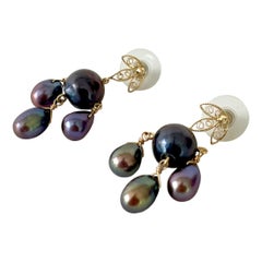 Marina J. Schwarze Perle und massives 14k Gelbgold Kronleuchter-Ohrringe
